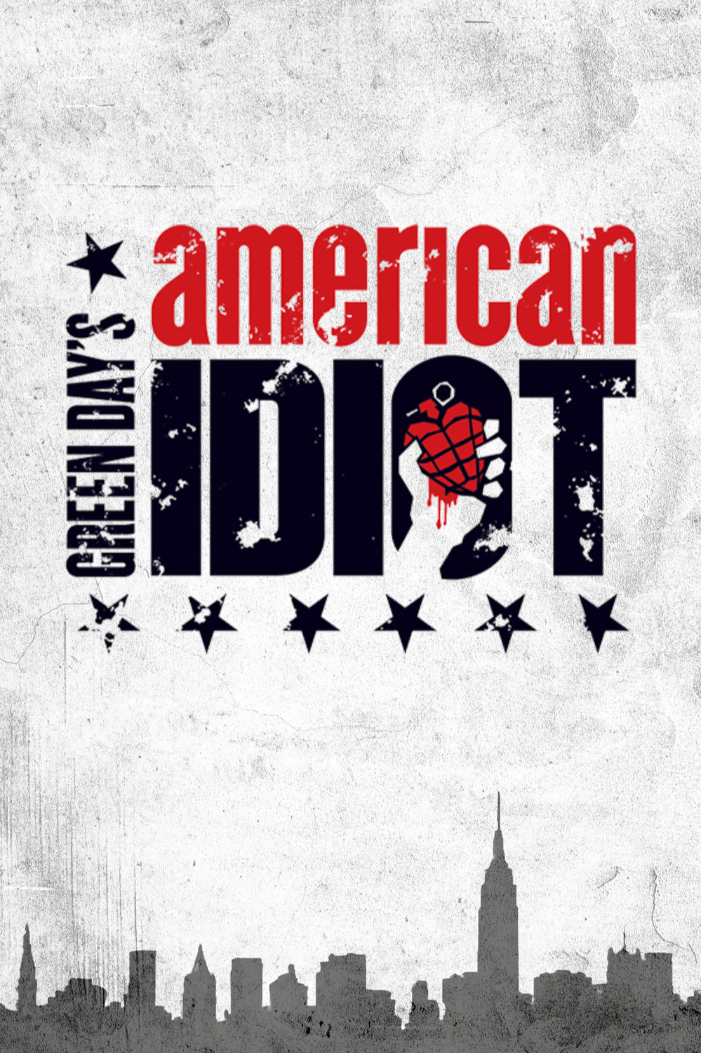 Graphic design with the words 'American' in red, 'ID' in black with a red hand grenade illustration, and 'Greeten Day's' in black, along with black stars and a silhouette of a city skyline.