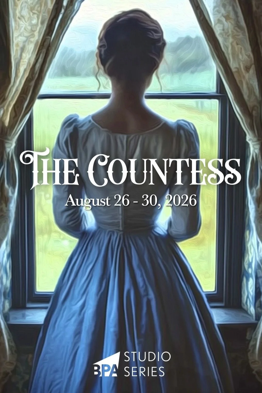 A woman in a vintage blue dress standing by a window and looking outside at a field and trees.