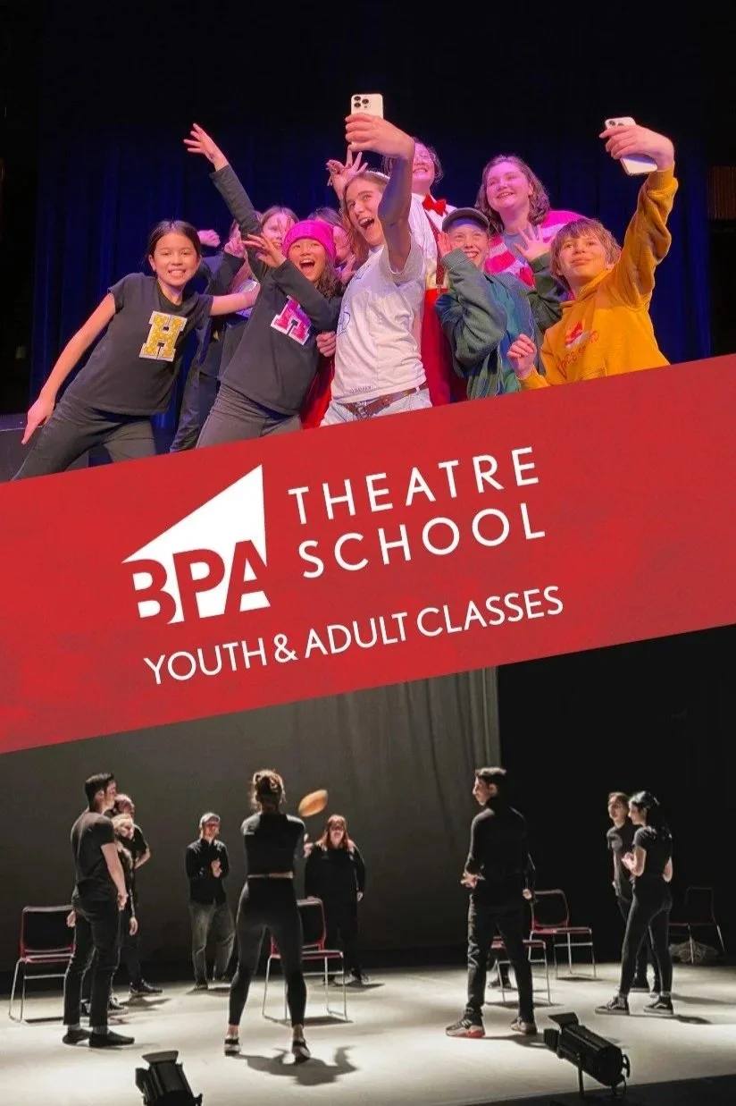 Children taking a selfie on stage with a sign for BPA Theatre School Youth & Adult Classes, and a separate group of people practicing acting or dancing.