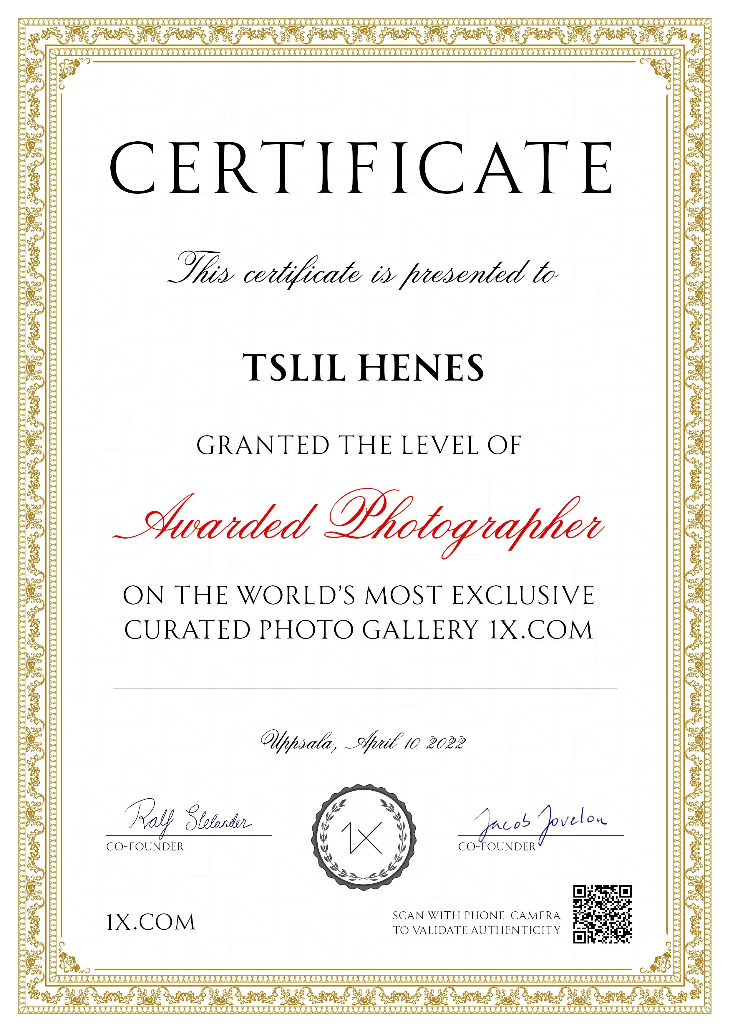 awarded photographer certificate