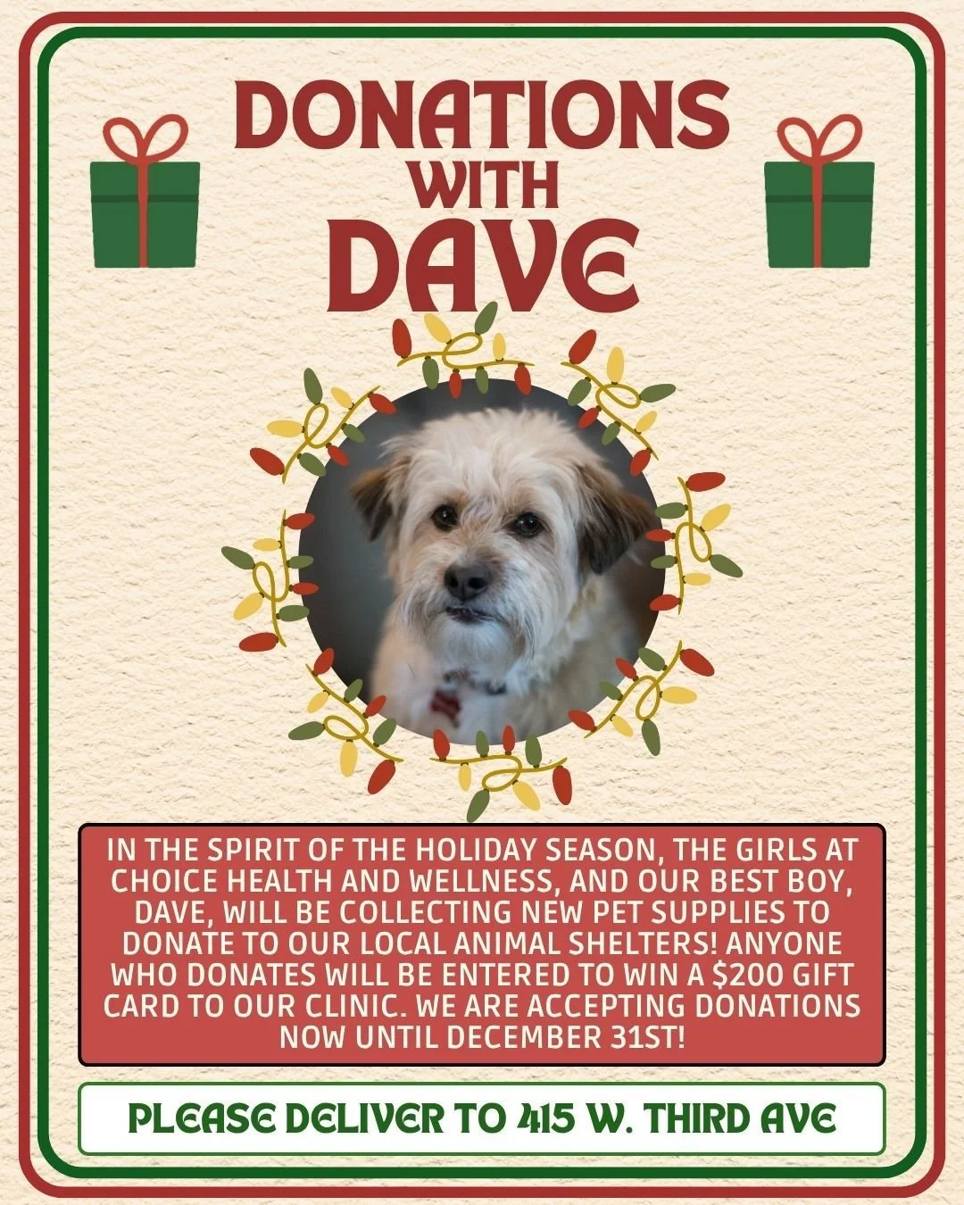 🐾 Donations with Dave! 🐶 
Help us support our local animal shelters this season. Bring in pet food, toys, or supplies and join us in giving our furry friends the love they deserve. ❤️ #DonationsWithDave #CommunityCare #ChoiceHealthAndWellness #TisT