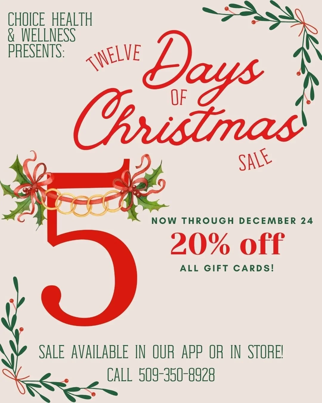 💍💛 Day 5!
Forget golden rings &mdash; give the glow that lasts! Grab 20% off gift cards and shine all season. ✨
#HolidayGlow #12DaysOfChristmas #MosesLake #ChoiceHealthWellness