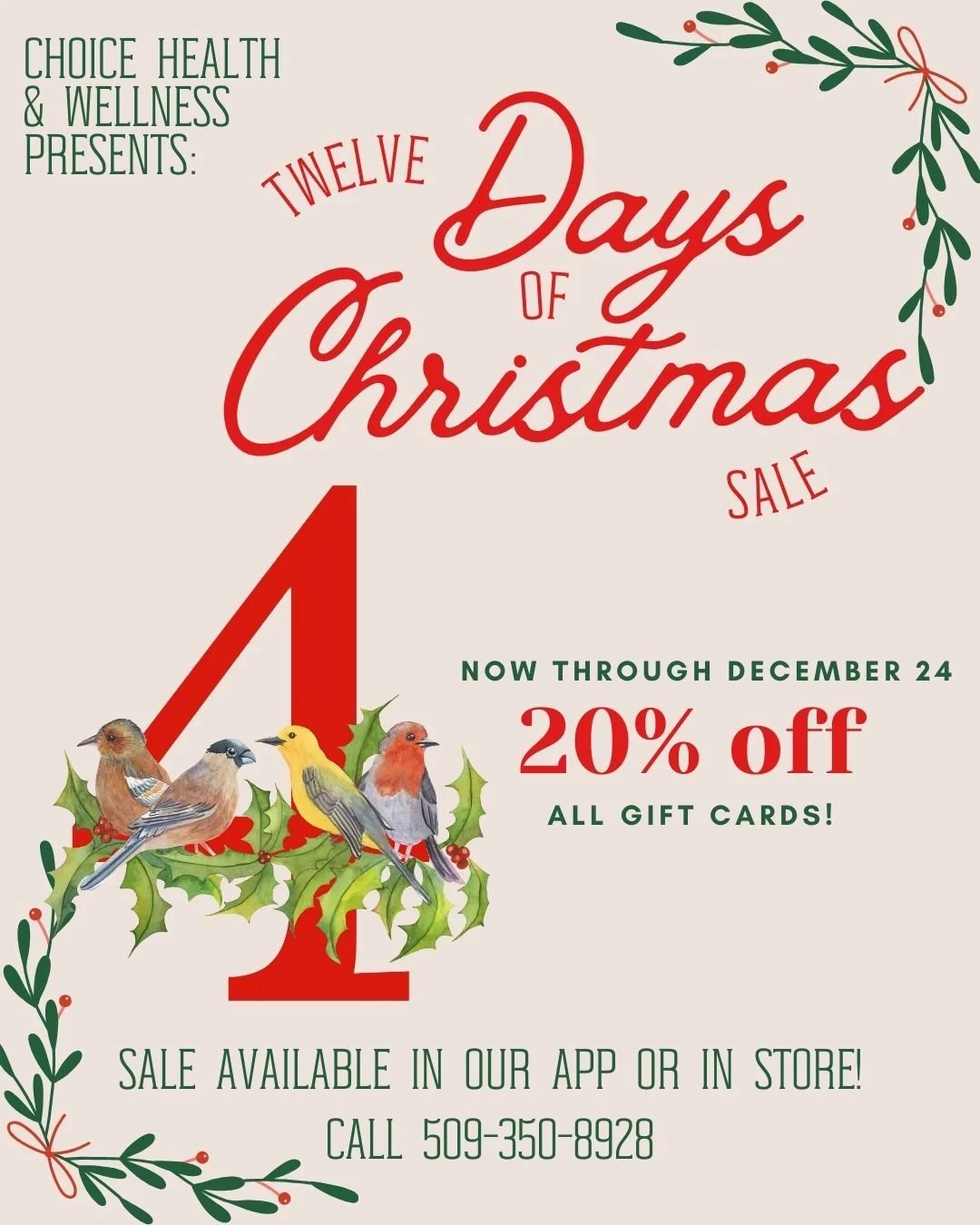 🐦📞 Day 4!
The calling birds are telling everyone&hellip; 20% off gift cards is happening now! Treat someone who needs that wellness recharge.
#MerryAndBright #ChoiceHealthAndWellness #MosesLake #12DaysOfChristmas