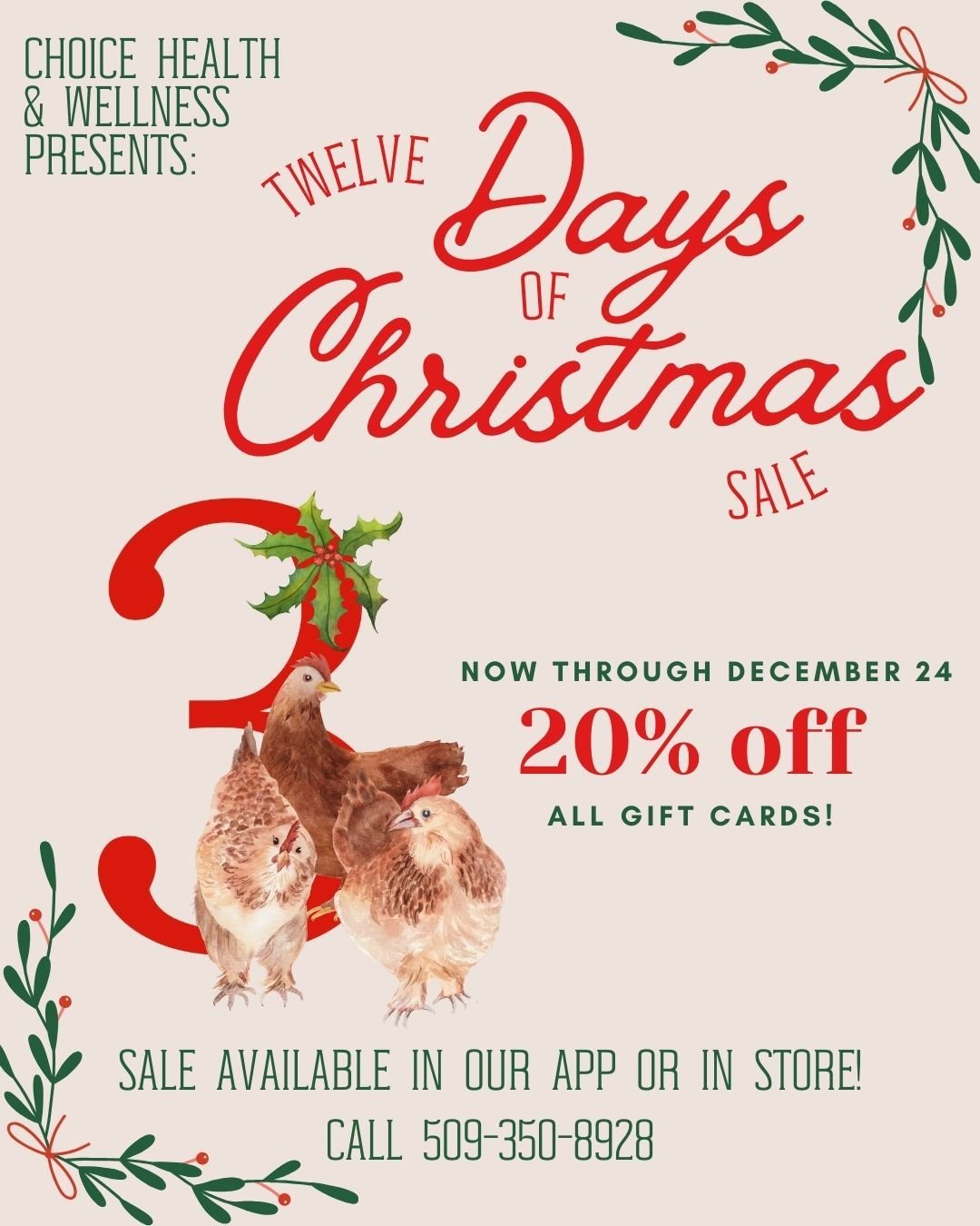 🐓🎄 Day 3!
Our three French hens are here to say &ldquo;oui oui!&rdquo; to 20% off gift cards &mdash; the chicest way to give the gift of self-care this season. ✨
#12DaysOfChristmas #HolidayGlow #ChoiceHealthAndWellness #MosesLake
