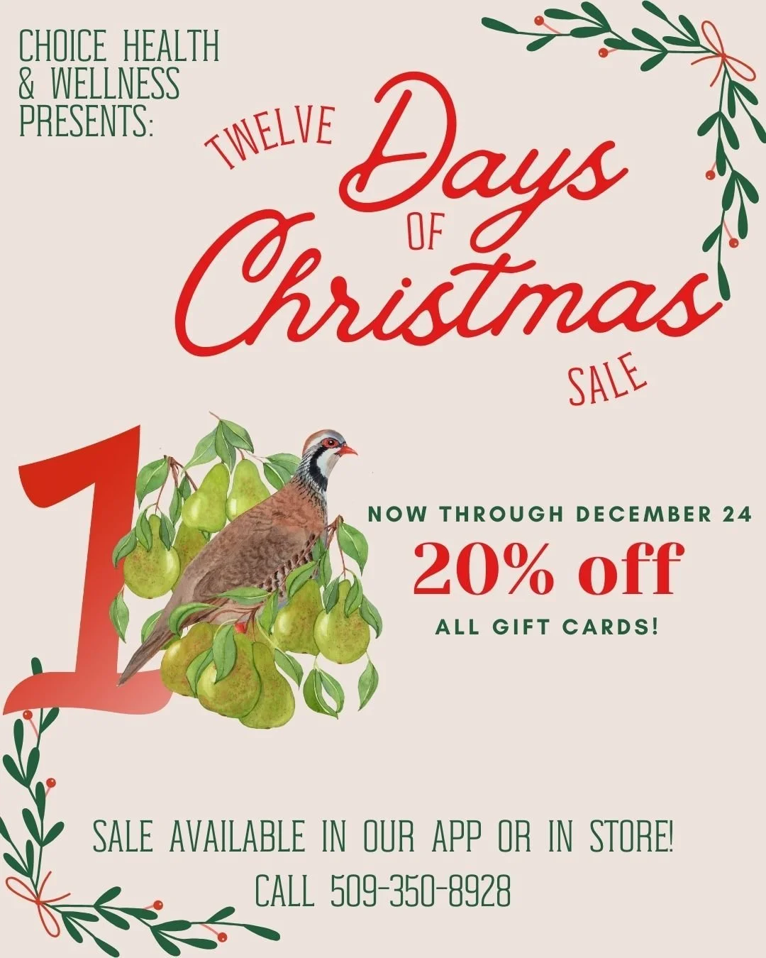 🎄 Day 1!
20% off gift cards &mdash; the perfect self-care surprise under your pear tree. 🍐✨
Hurry&hellip; the sale ends tomorrow, so grab yours while you can!
#12DaysOfChristmas #ChoiceHealthAndWellness #HolidaySale #MosesLake