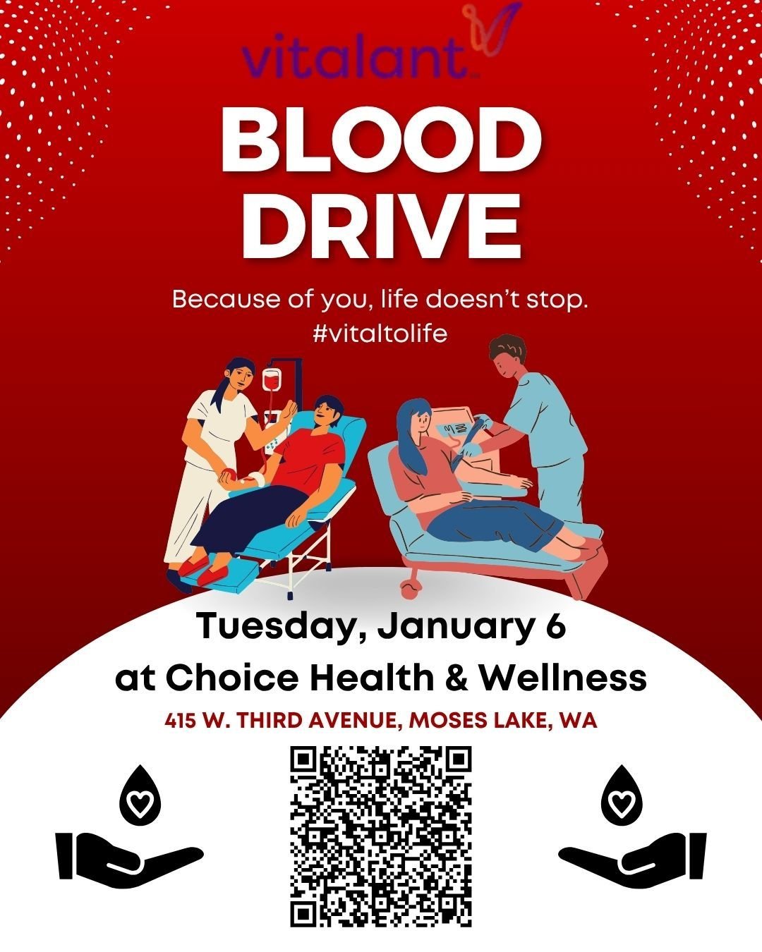 🩸 Give the Gift of Life This New Year!
Join us January 6 at Choice Health &amp; Wellness for our first Vitalant Blood Drive of 2026. Your donation can save up to three lives &mdash; what better way to start the year? ❤️

✨ Sign up, roll up your slee