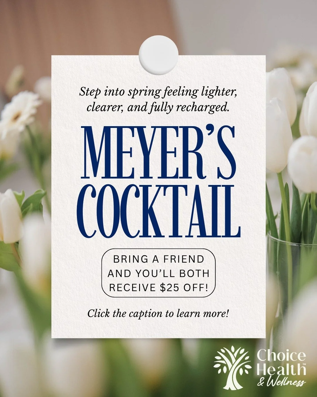 💉 Meyers&rsquo; Cocktail IV

Feeling sluggish after winter? It&rsquo;s time to refresh, recharge, and reset 🌸

Your go-to for a full-body &ldquo;spring clean&rdquo; &mdash; designed to:
✨ Boost hydration
✨ Support detox
✨ Restore natural energy fro