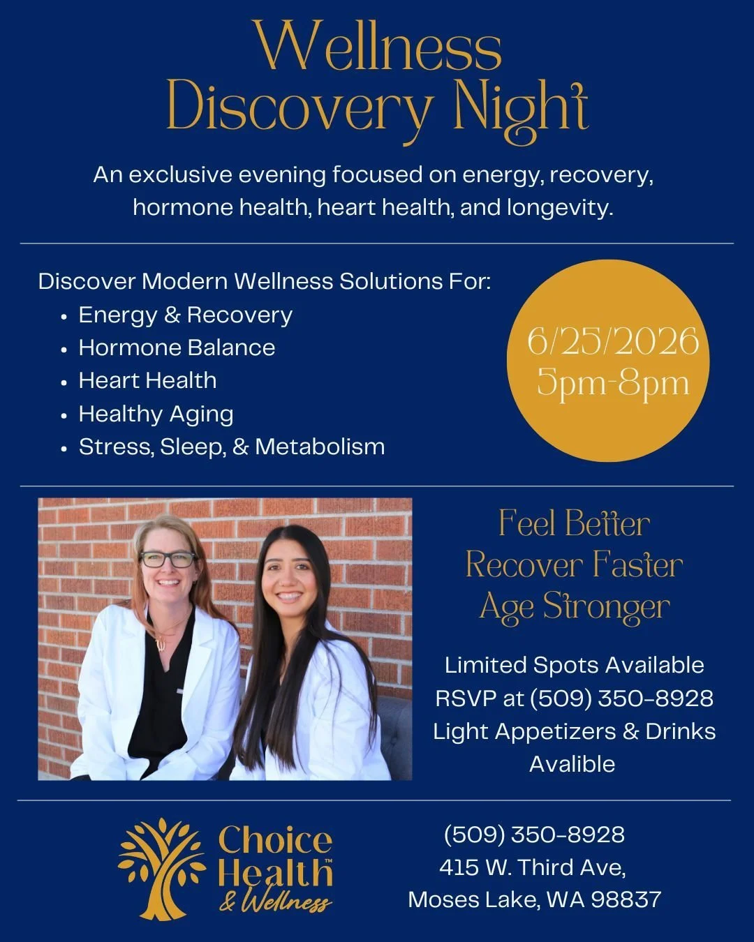 Ready to feel your best from the inside out? ✨

Join us for our Wellness Discovery Night &mdash; an interactive evening focused on energy, recovery, hormone balance, heart health, metabolism, stress/sleep support, and healthy aging.

✔ Live wellness 