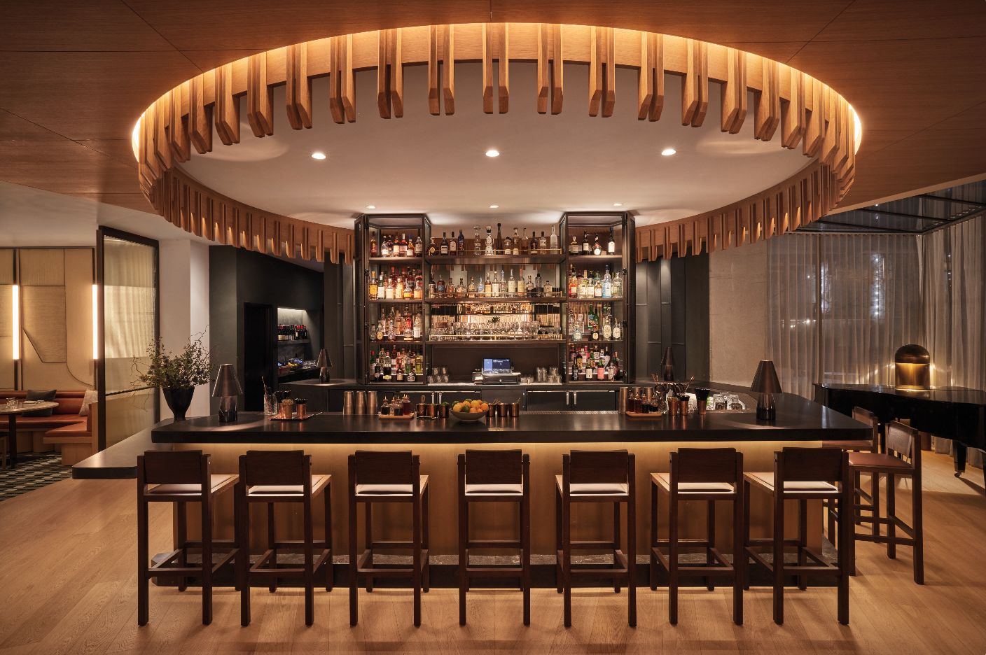 The Third Floor in San Francisco, exquisite bar counter display with numerous drinks on shelf
