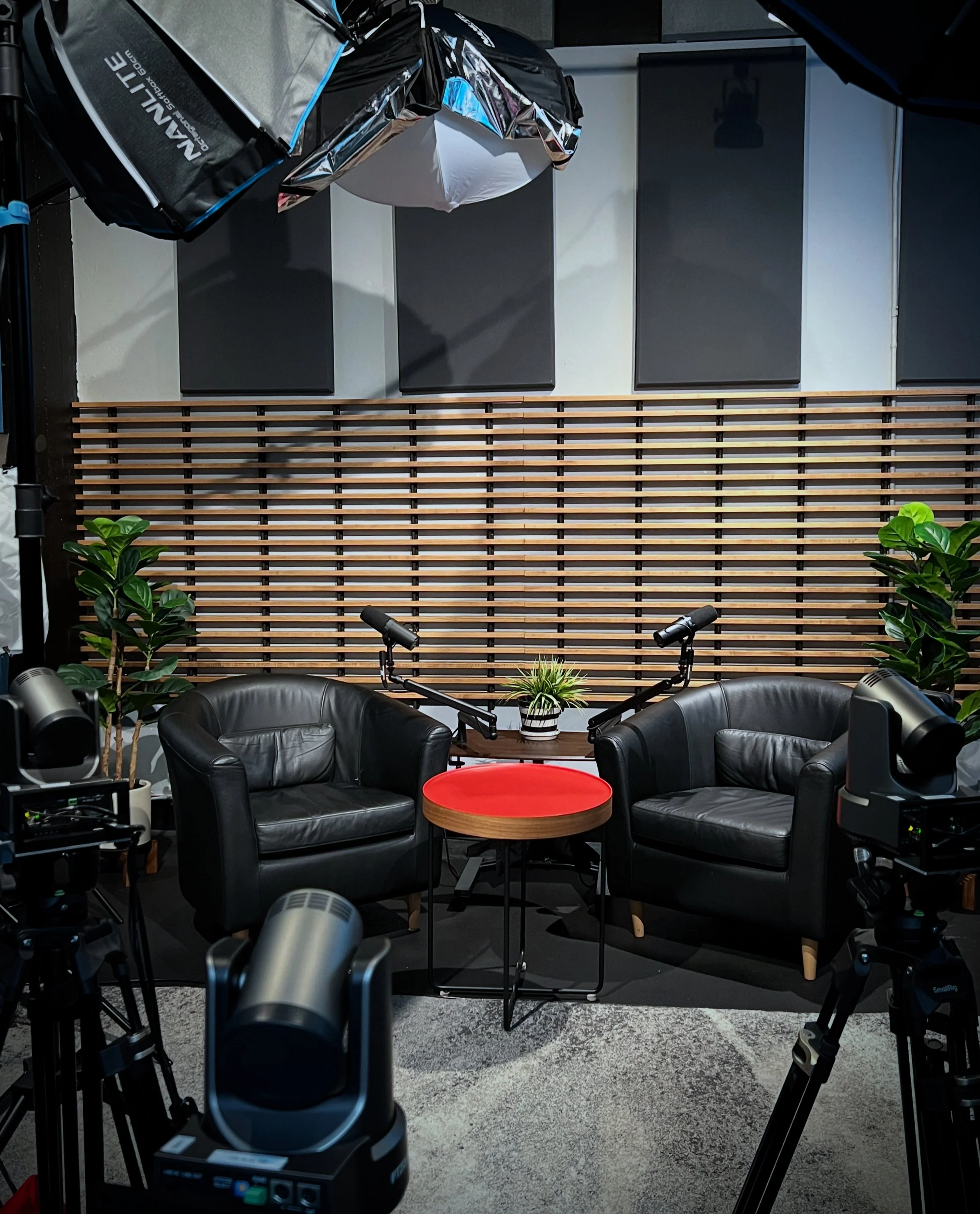 Two black leather armchairs facing each other with a small red round table between them, behind which is a wooden slatted wall and a small plant.