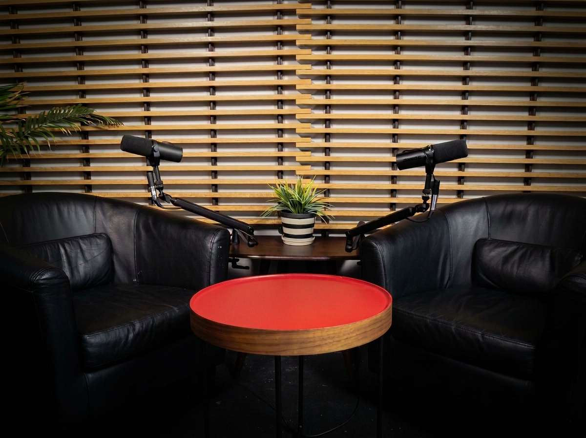 Podcast set in Studio 2 at Outpost Studio SF." Armchairs/Desk: describe the setup