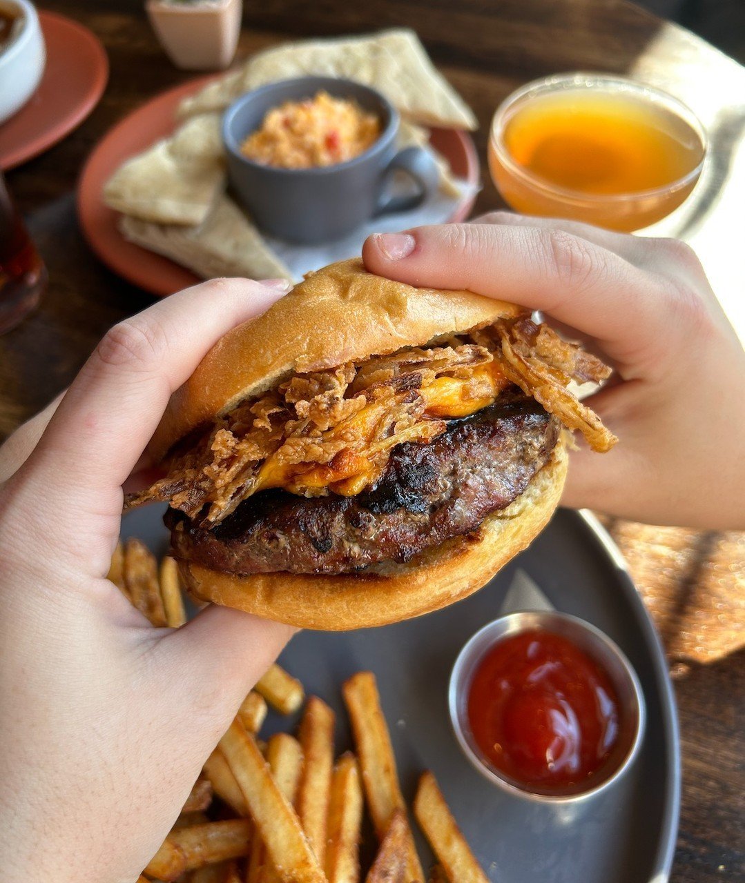 When that burger craving hits, go for the Bandit Burger!

We start with a four-meat blended patty and top it with pimento cheese and crispy fried onions. Served on a toasted challah bun for total perfection. 

We open at 11am today, join us for lunch