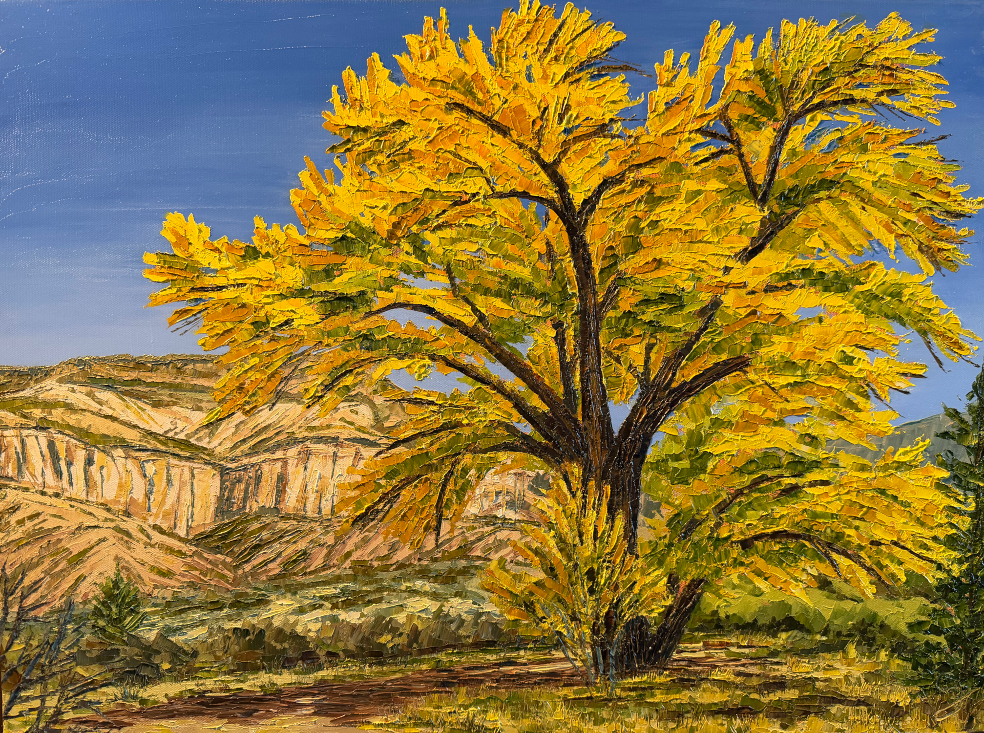Cottonwood and Cliffs, Abiquiu (19.5 x 25.5 x 1.5 inches with maple wood frame, oil on canvas, studio, 2026) - Available for Purchase Directly from Artist - Please Reach Out Via Contact Form