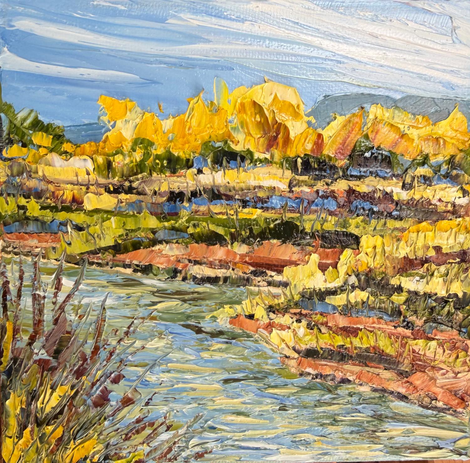 Chama River Bank, Fall Colors (6 x 6 x 1.25 inches, unframed, oil on canvas, studio, 2026) - Available for Purchase Directly from Artist - Please Reach Out Via Contact Form