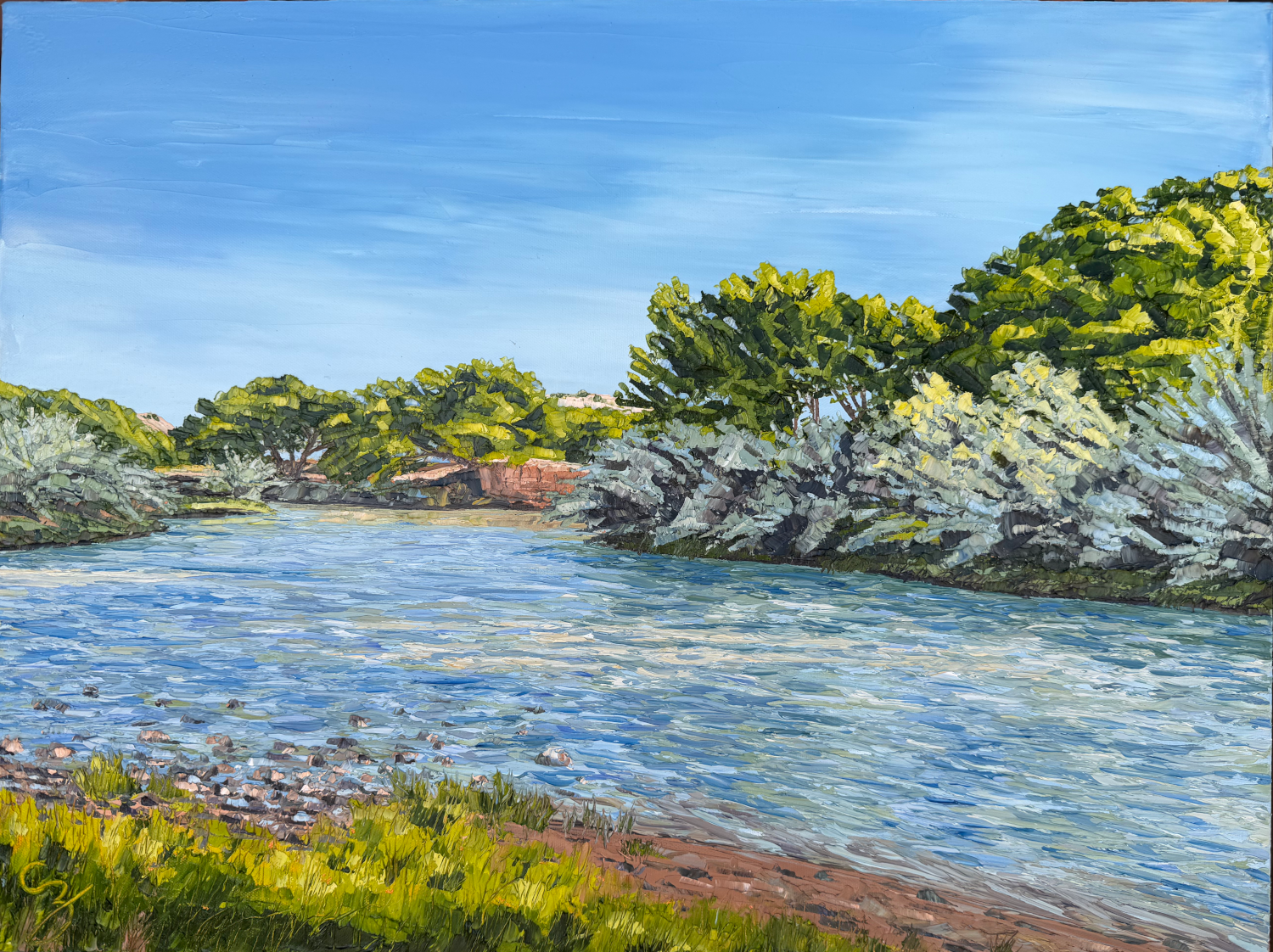 Chama River Morning Light (19.5 x 25.5 x 2 inches with maple wood frame, oil on canvas, studio, 2026) - Available for Purchase Directly from Artist - Please Reach Out Via Contact Form