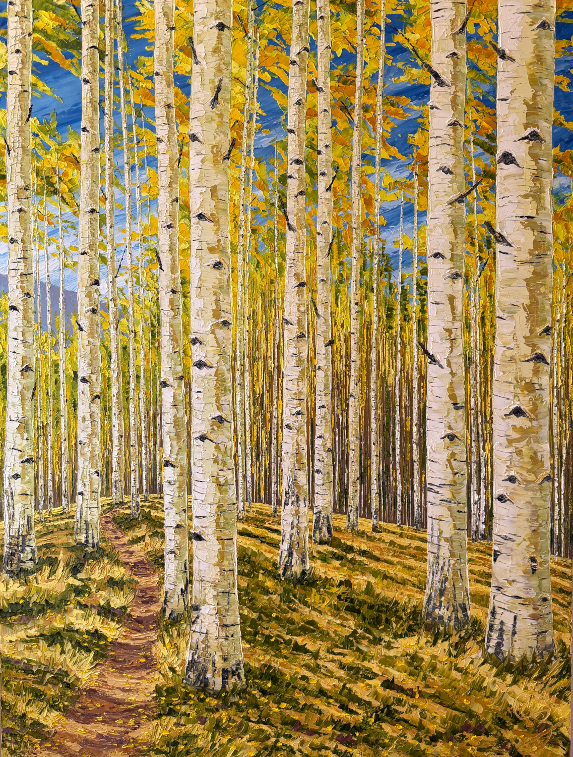Aspen Walk (49.5 x 37.5 x 2 inches, oil painting on canvas with maple wood frame, studio, 2026) - Available from Artist