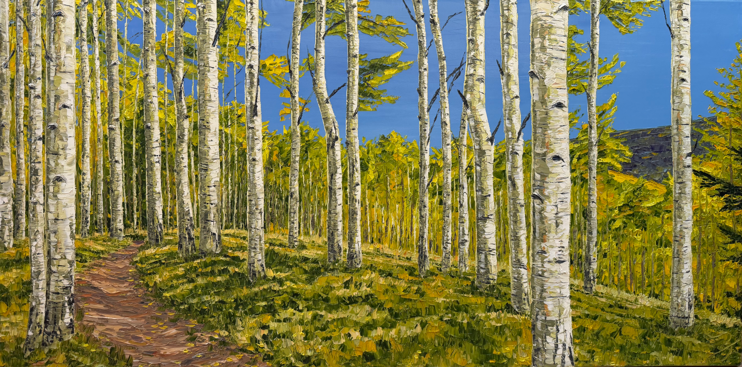 Aspen Trail (19.5 x 49.5 x 2 inches, oil painting on canvas with maple wood frame, studio, 2026) - Available from Artist