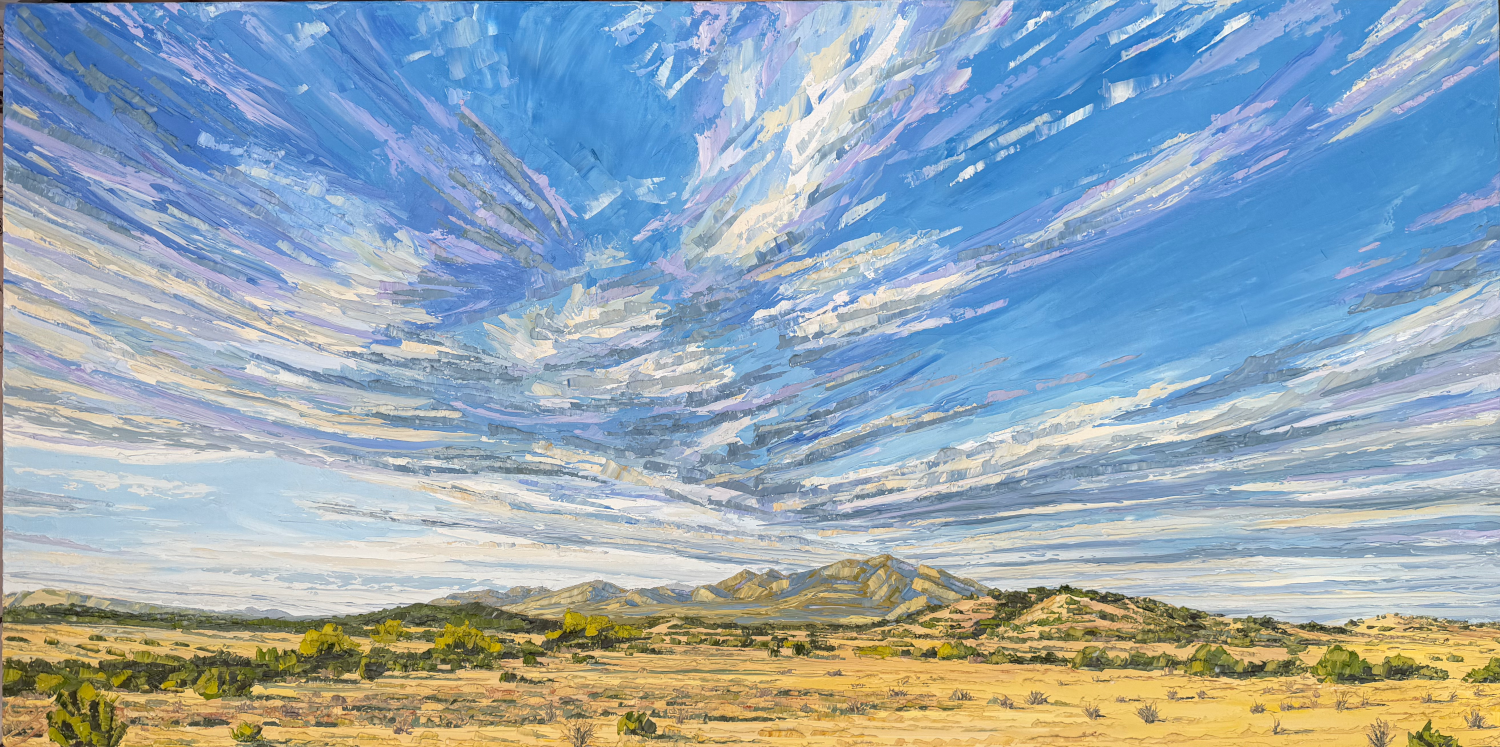 Galisteo Basin Big Sky (25.5 x 49.5 x 2 inches with maple wood frame, oil on canvas, studio, 2026) - Available for Purchase Directly from Artist - Please Reach Out Via Contact Form
