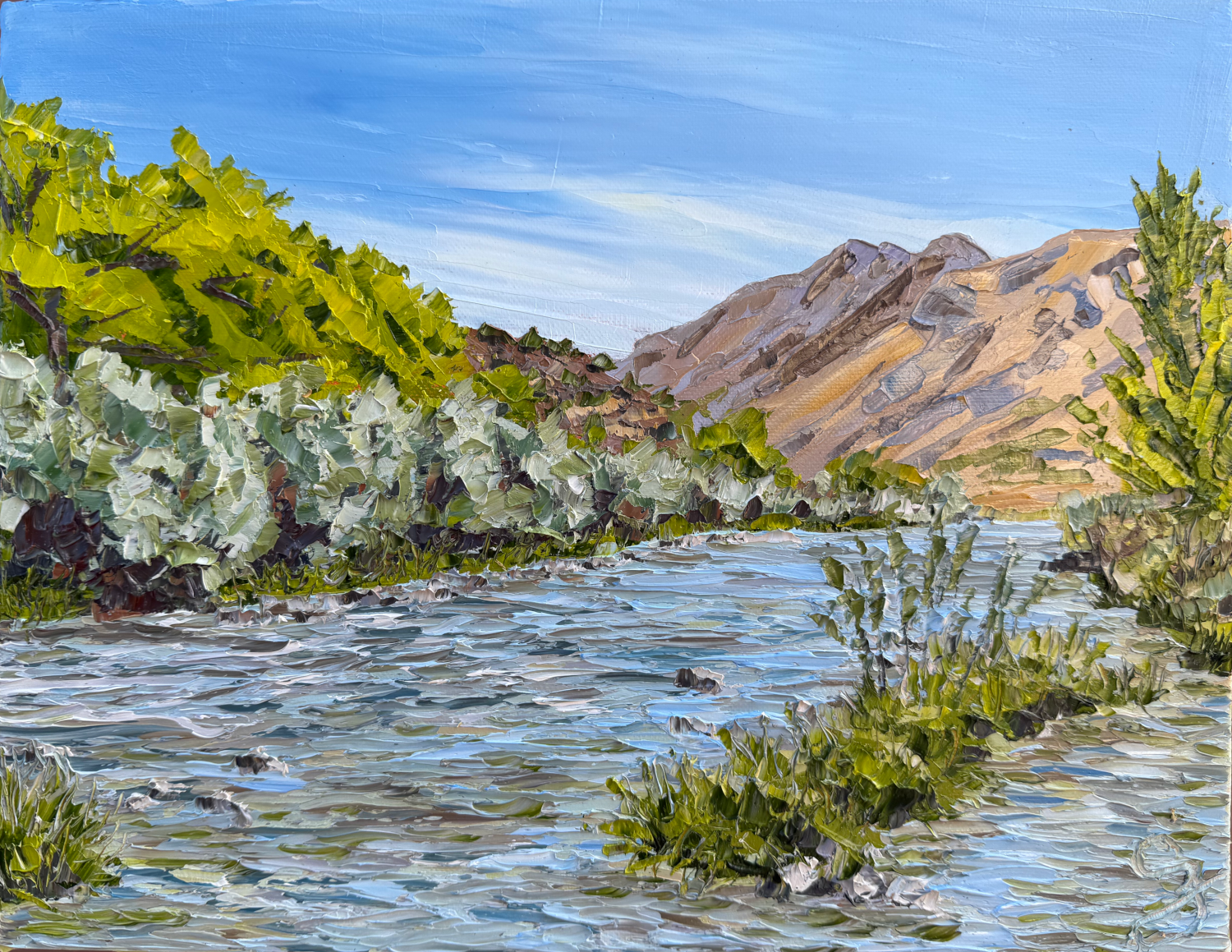 Rio Grande River, Taos Canyon (12 x 15 x 1.5 inches with maple wood frame, oil on canvas, en plein air, 2026) - Available for Purchase Directly from Artist - Please Reach Out Via Contact Form