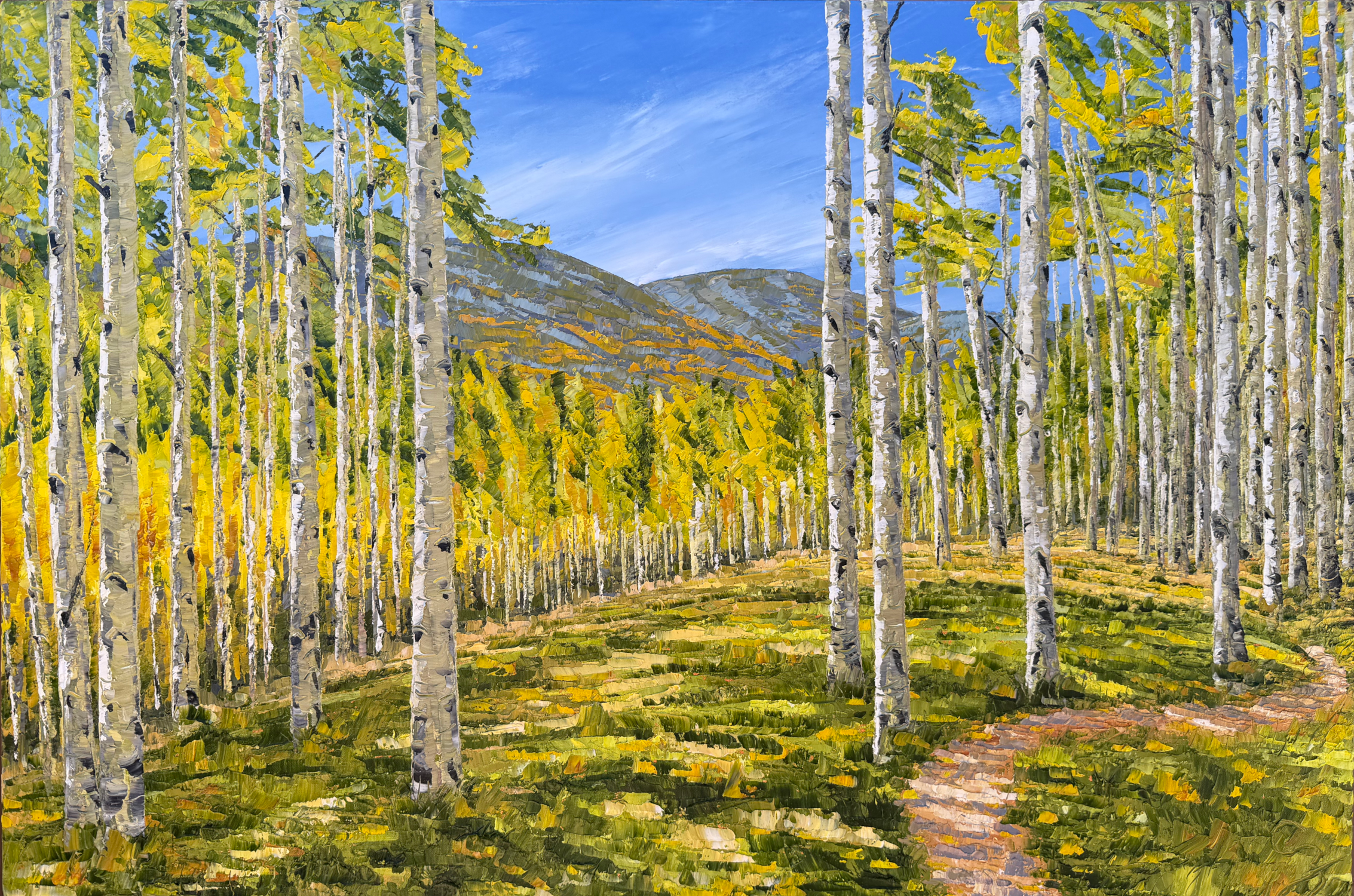 Fall Aspens and Trail, Santa Fe (25.5 x 37.5 x 2 inches with maple wood frame, oil on canvas, studio, 2026)