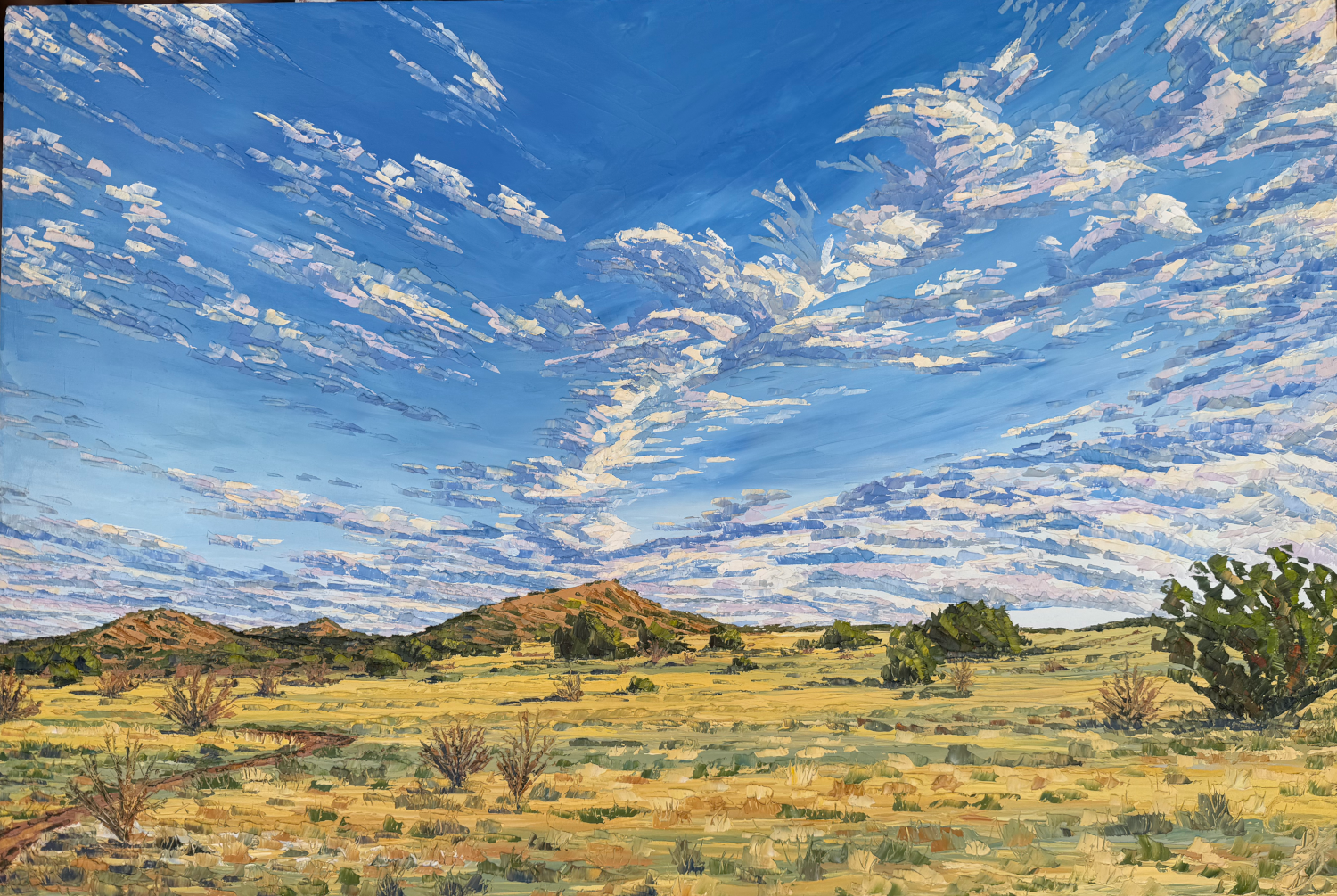 Galisteo Basin Morning Clouds (25.5 x 37.5 x 1.5 inches with maple wood frame, oil on canvas, studio, 2026) - Available for Purchase Directly from Artist - Please Reach Out Via Contact Form