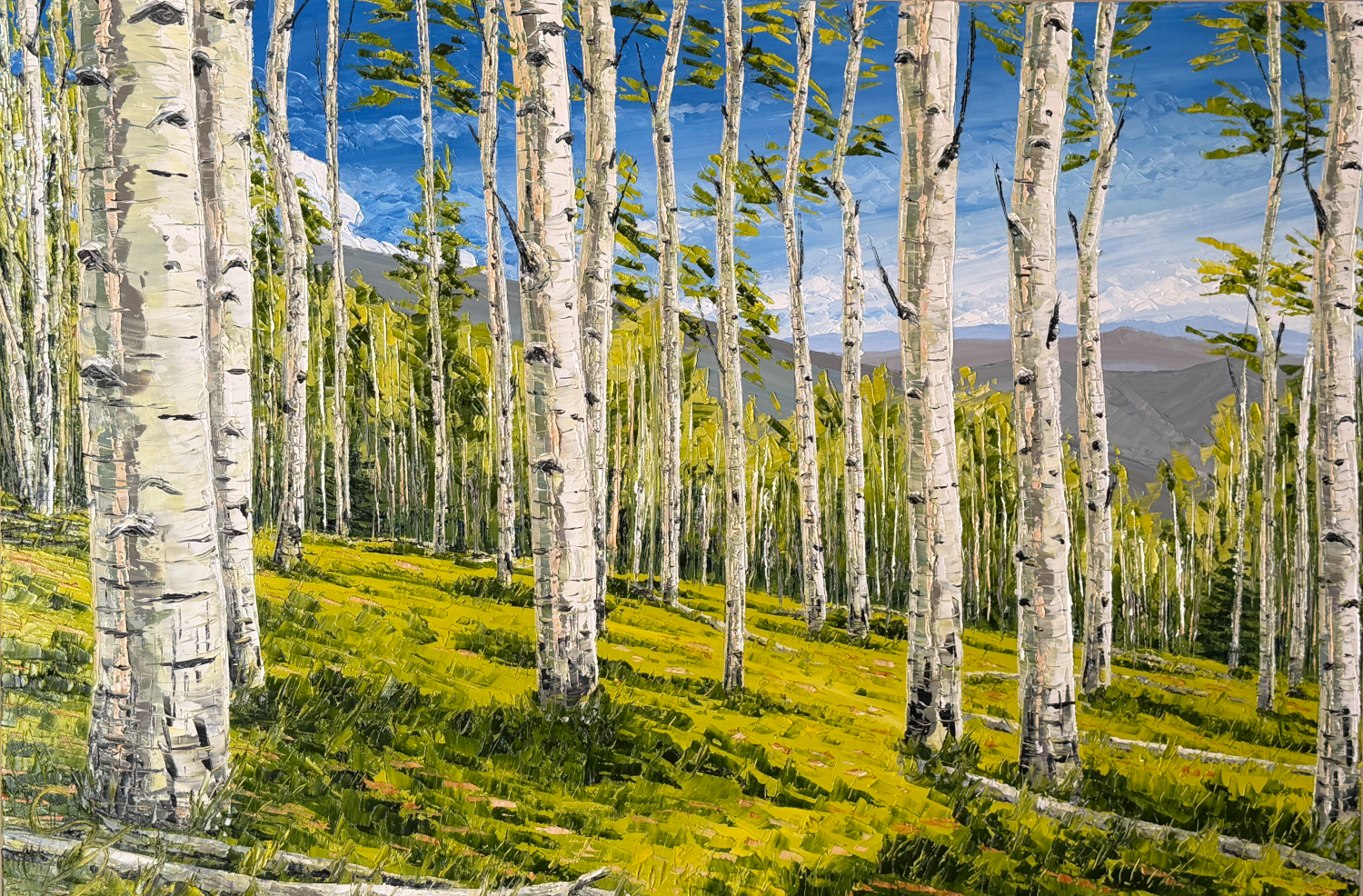Aspen Forest Summer (25.5 x 37.5 x 2 inches, oil painting on canvas with maple wood frame, studio, 2026) - Available from Artist