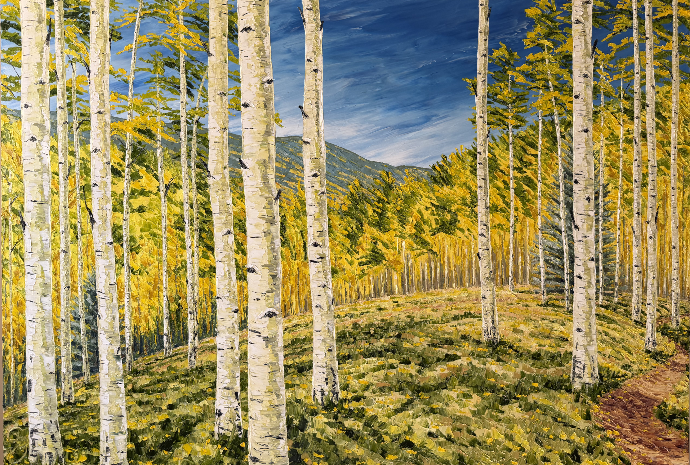 Aspen Fall Brilliance (34.5 x 49.5 x 2 inches, oil painting on canvas with maple wood frame, studio, 2026)