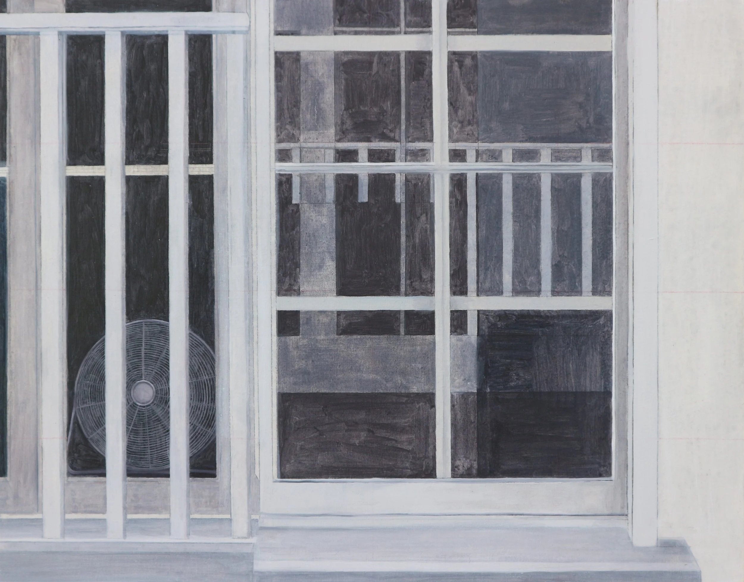 View from the stock room (2025) 
Oil on wood panel, 36 x 28cm SOLD