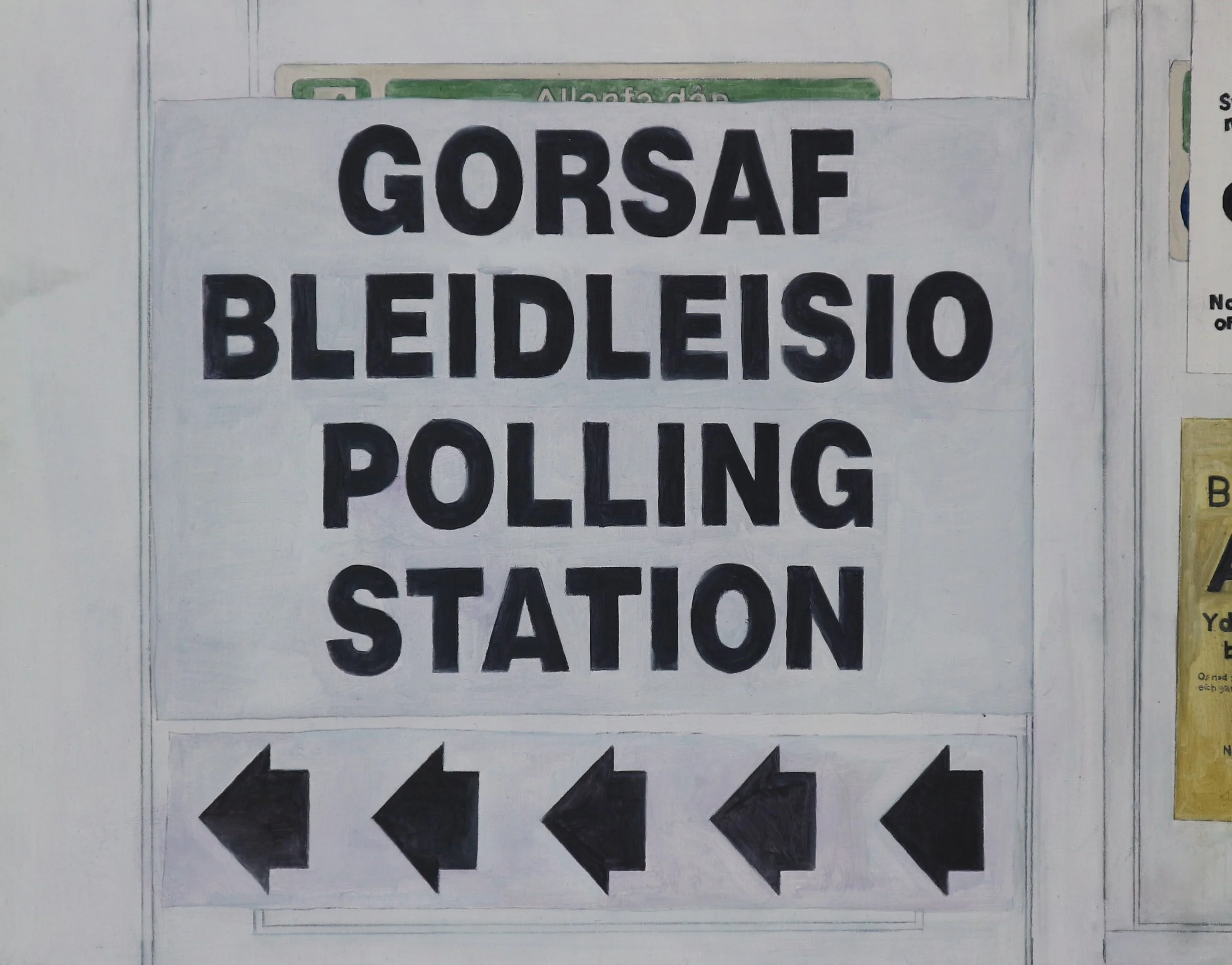 Gorsaf Bleidleisio (2025) 
Oil on wood panel, 36 x 28cm