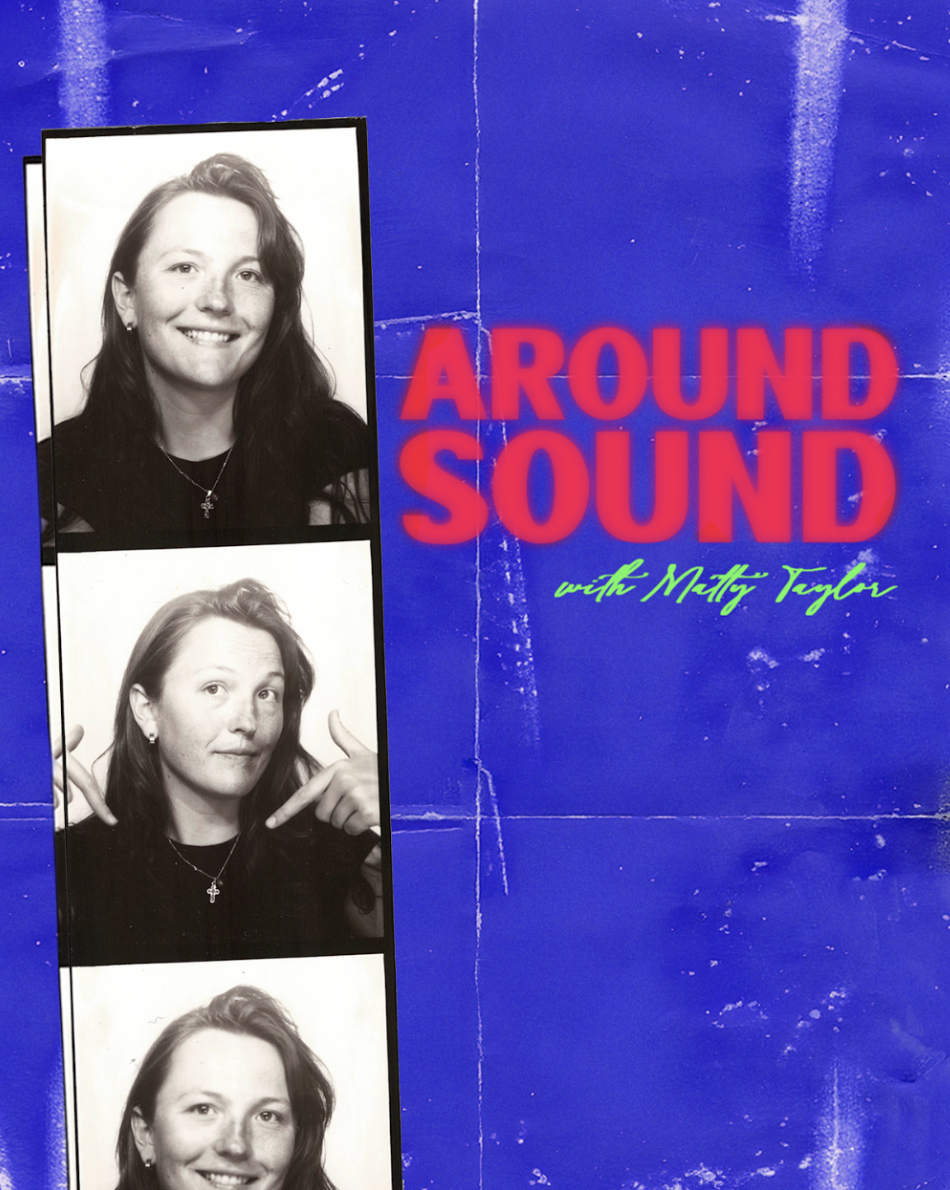 Poster with three black and white photo booth portraits of a woman, with text 'AROUND SOUND with Malty Taylor' on a blue background.