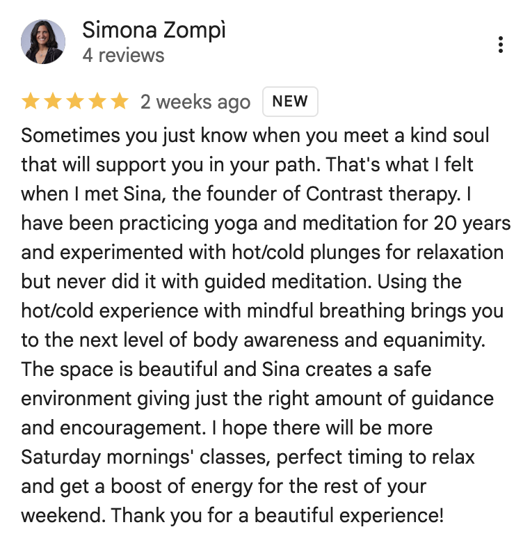 Screenshot of a positive review by Simona Zompi about a person named Sina, founder of Contrast therapy, praising her yoga and meditation classes.