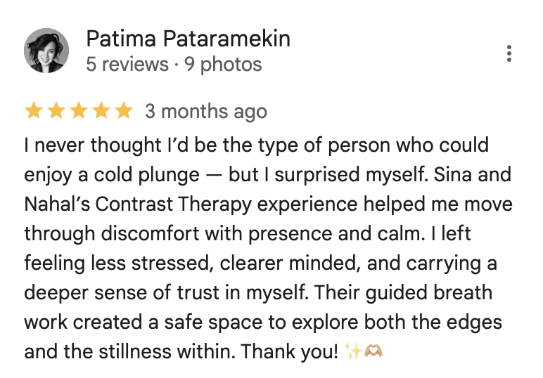 Screenshot of a customer review by Patima Pataramekin, five stars, praising Sina and Nahal's Contrast Therapy for helping with comfort and calmness, mentioning guided breath work and feelings of trust.
