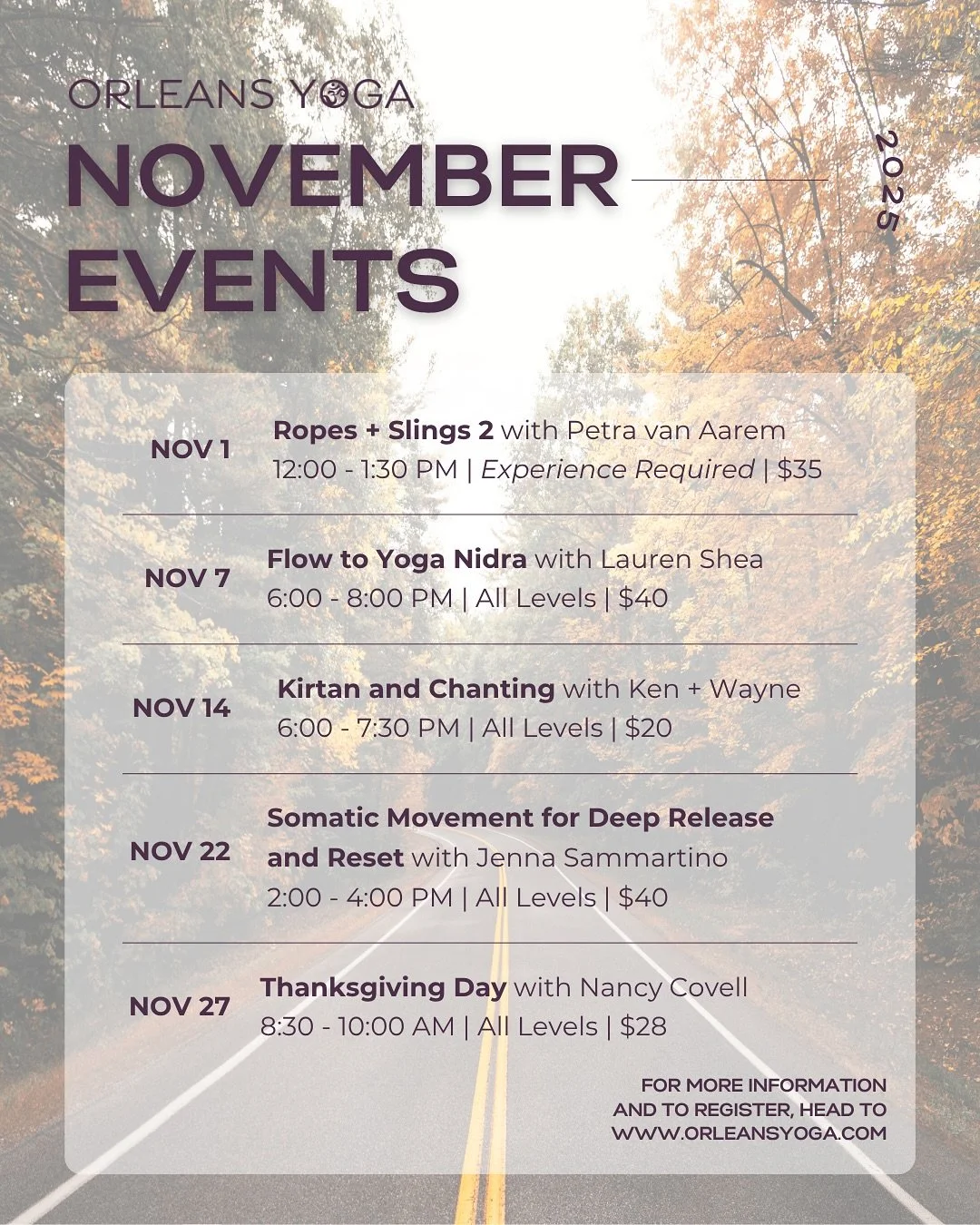Our November calendar is packed out &mdash; we&rsquo;re so excited to host these incredible events all offered by our very own Orleans Yoga instructors.

🪢 11/1 Ropes + Slings 2 @petra_ledkovsky_vanaarem 
💤 11/7 Yoga Nidra @laurensheawellness
🎶 11
