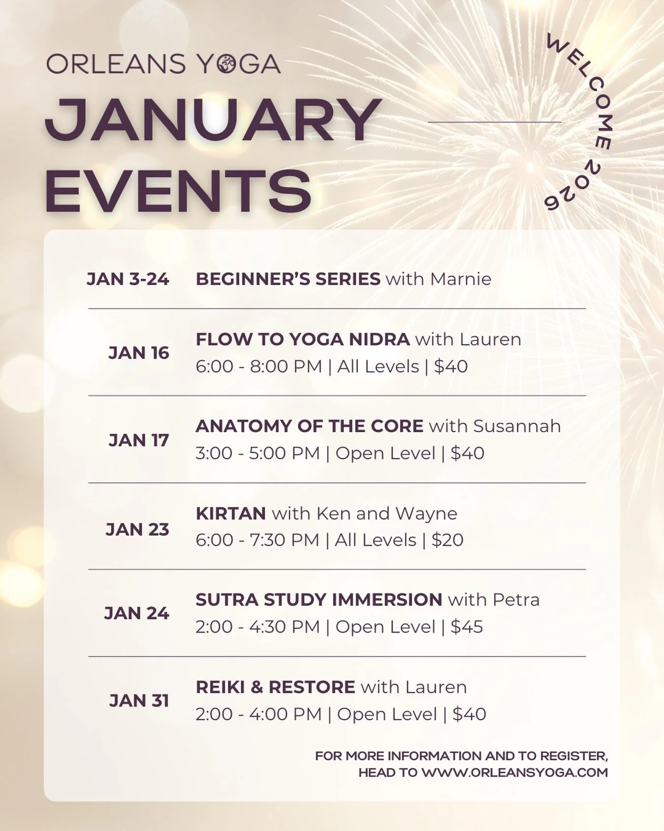 2026 is off to a radiant start 🎇 and we&rsquo;re thrilled to share an elevated lineup of monthly offerings. Whether you&rsquo;re a seasoned practitioner or just beginning your yoga journey, there&rsquo;s something here for you.

Full details and reg