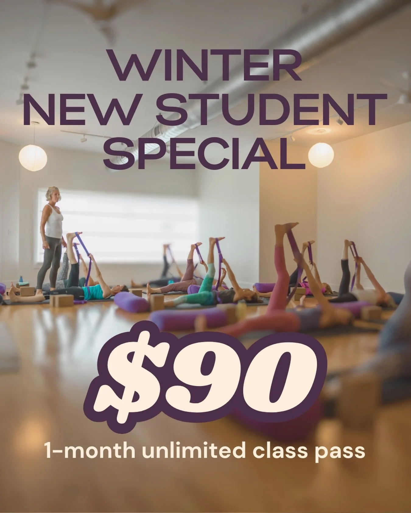 Now through March 31, we're excited to offer new students a special deal - a contract-free first month of unlimited classes for just $90! This is an amazing opportunity to establish a yoga routine and explore our diverse range of classes and teachers