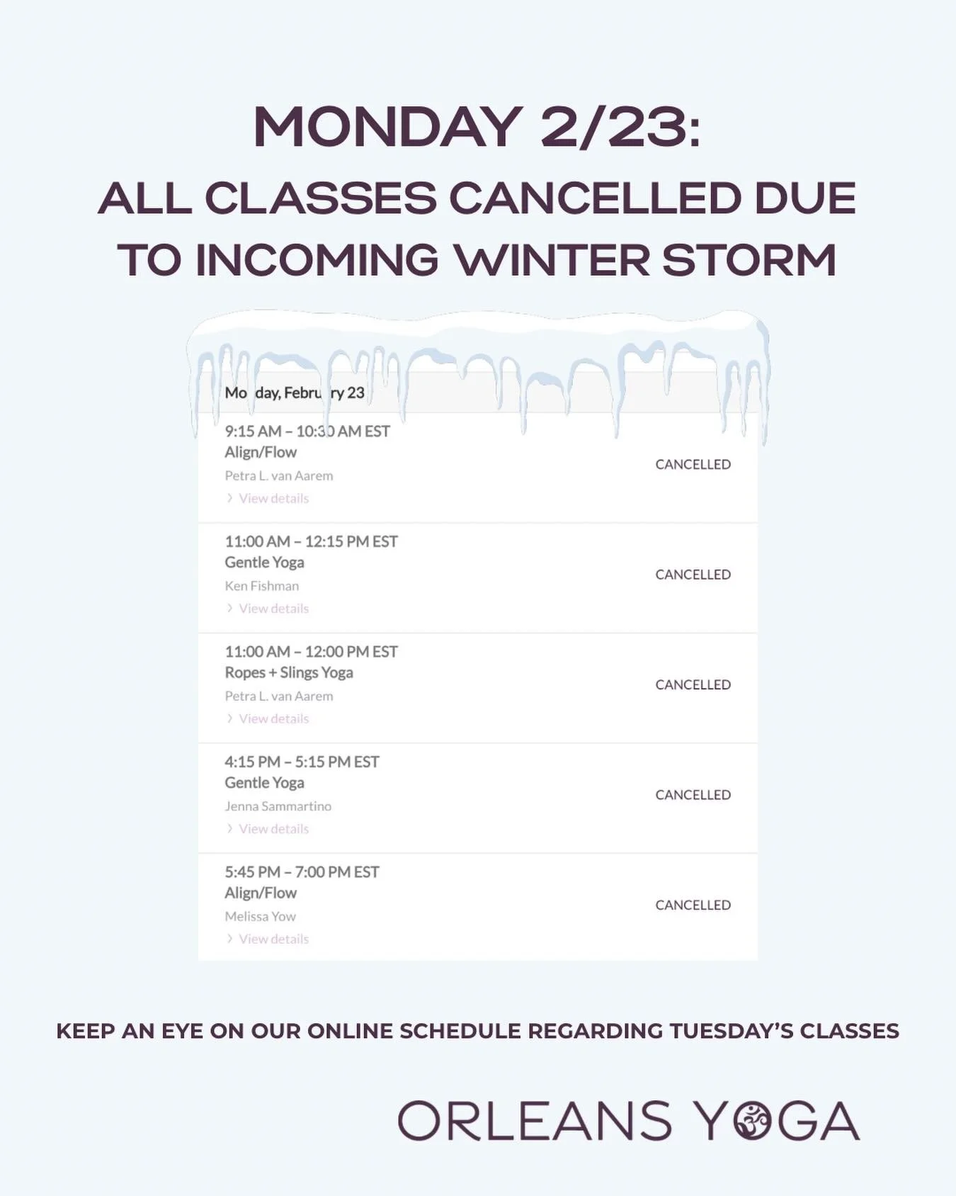 We&rsquo;re cancelling classes tomorrow due to the incoming winter storm. Keep an eye on our online schedule (in the app or orleansyoga.com) for information regarding classes on Tuesday. Stay warm out there, yogis! ❄️
