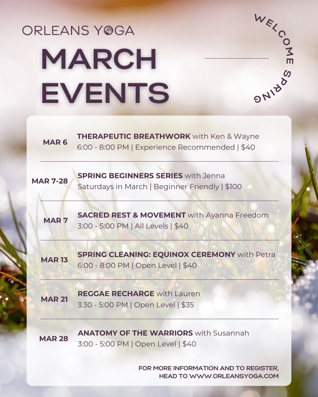 As the seasons transition ❄️ we invite you to join us on a journey of renewal and growth 🌼

Our upcoming workshops are carefully curated to help you cultivate a deeper connection with your body and mind. From breathwork and sacred rest to spring cle