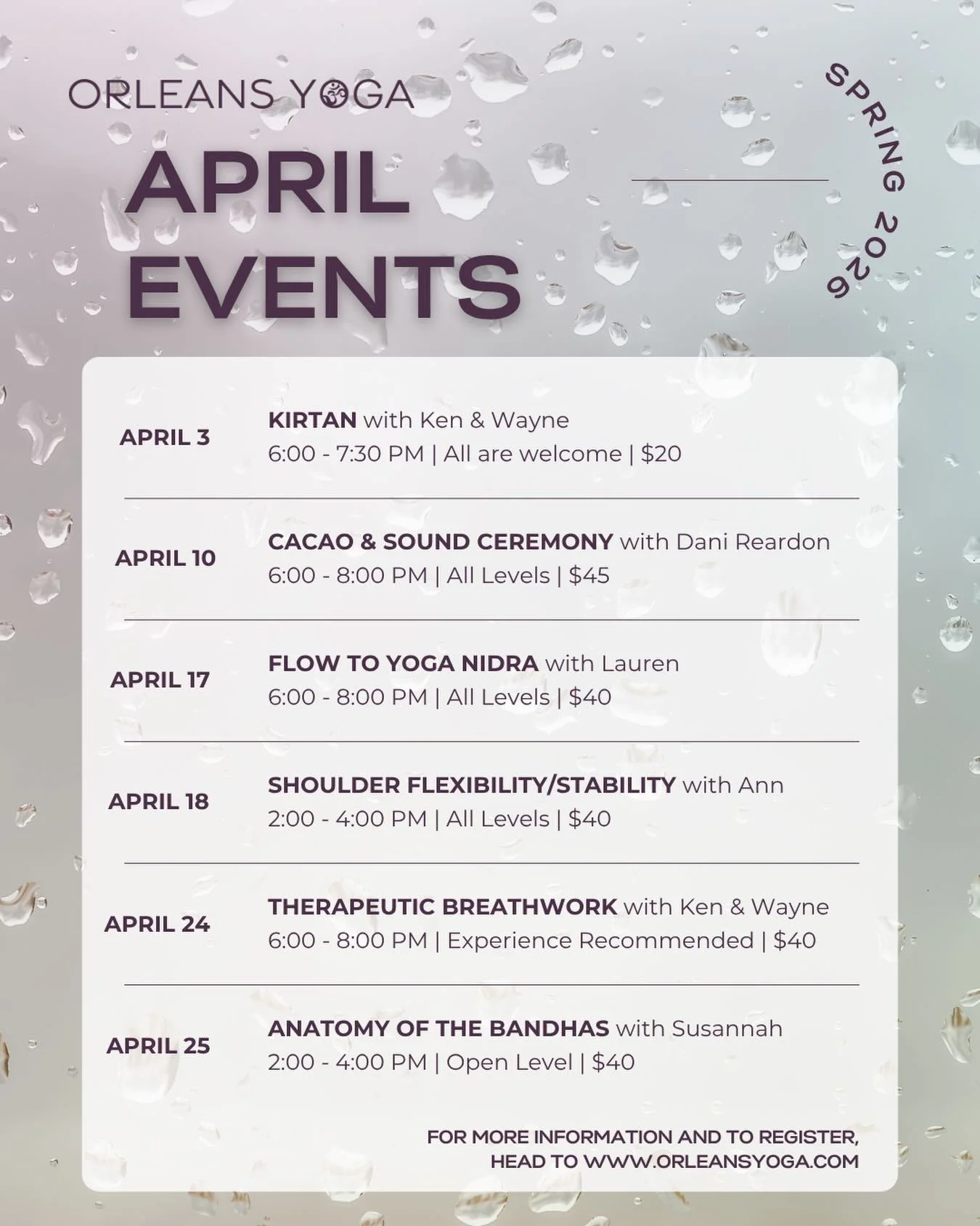 This April, we&rsquo;re showering you with incredible offerings from our team and community. From sound meditations to foundational movement, we&rsquo;ve got something for everyone 🌈

Head to our website to learn more about each workshop and pre-reg