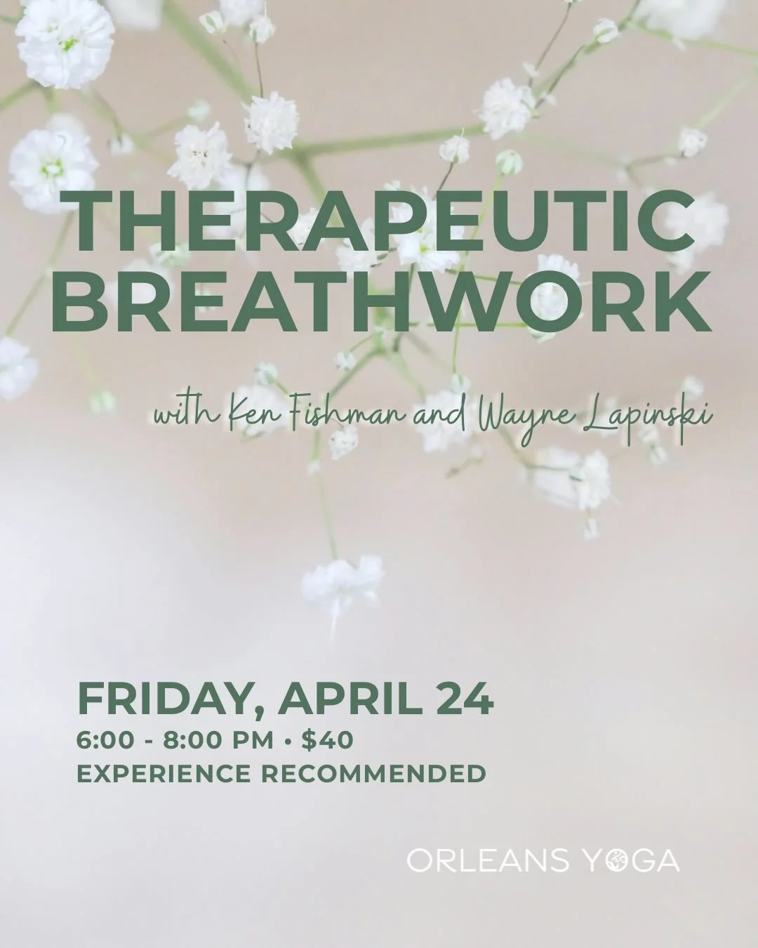 A profound experience of conscious connected breathing that will inspire breath awareness and a healthier breath pattern. The practice can bring greater personal perspective 🪞

🗓️ Friday, April 24 | 6-8 pm | $40

🌬️ The word spirit comes from the 