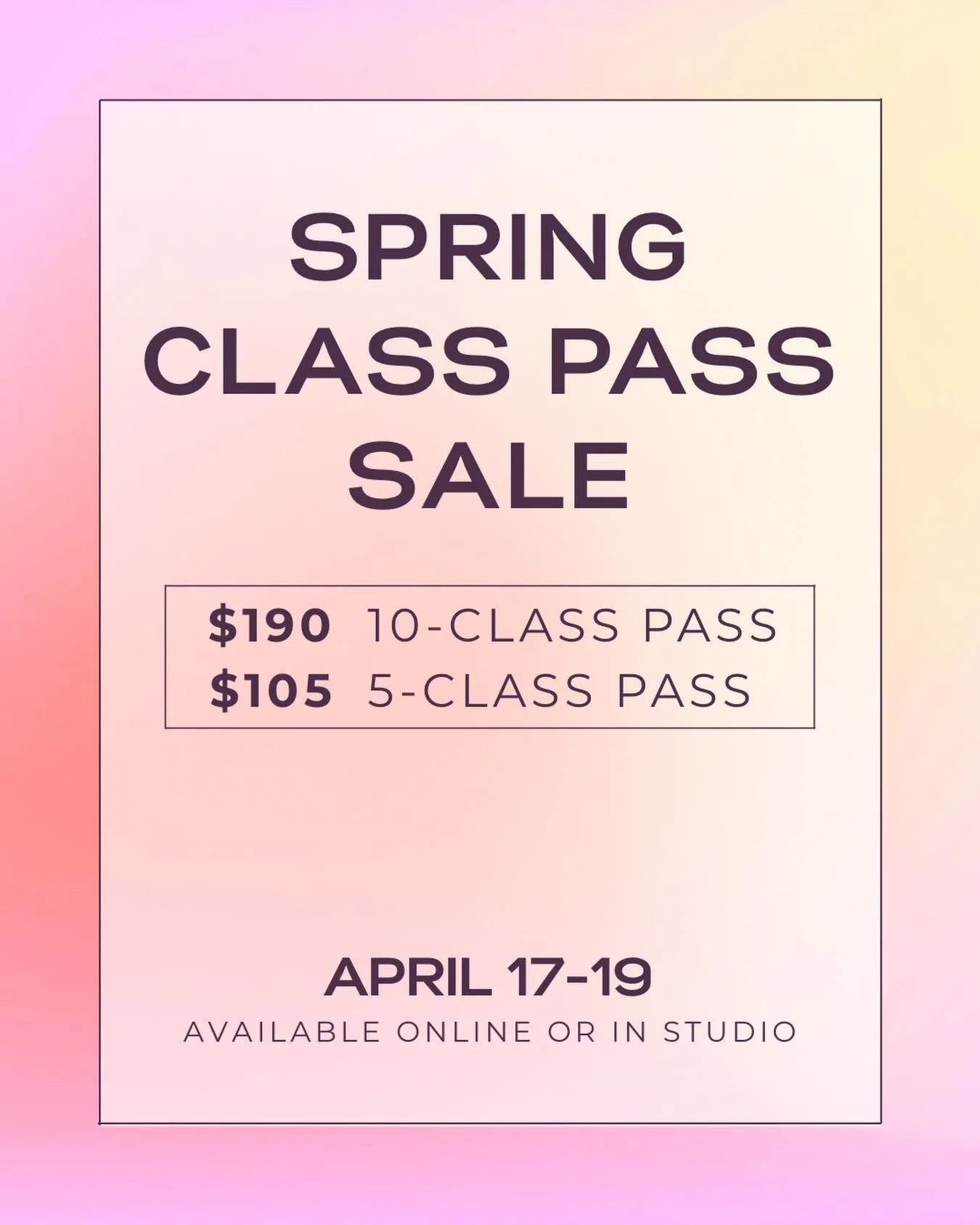 Our spring class pass sale is live! This weekend only get 5- and 10- class passes at a discount before the busy summer season begins! 💰

Sale runs now through Sunday, head to our website or stop in to purchase!

(Sale passes override existing passes