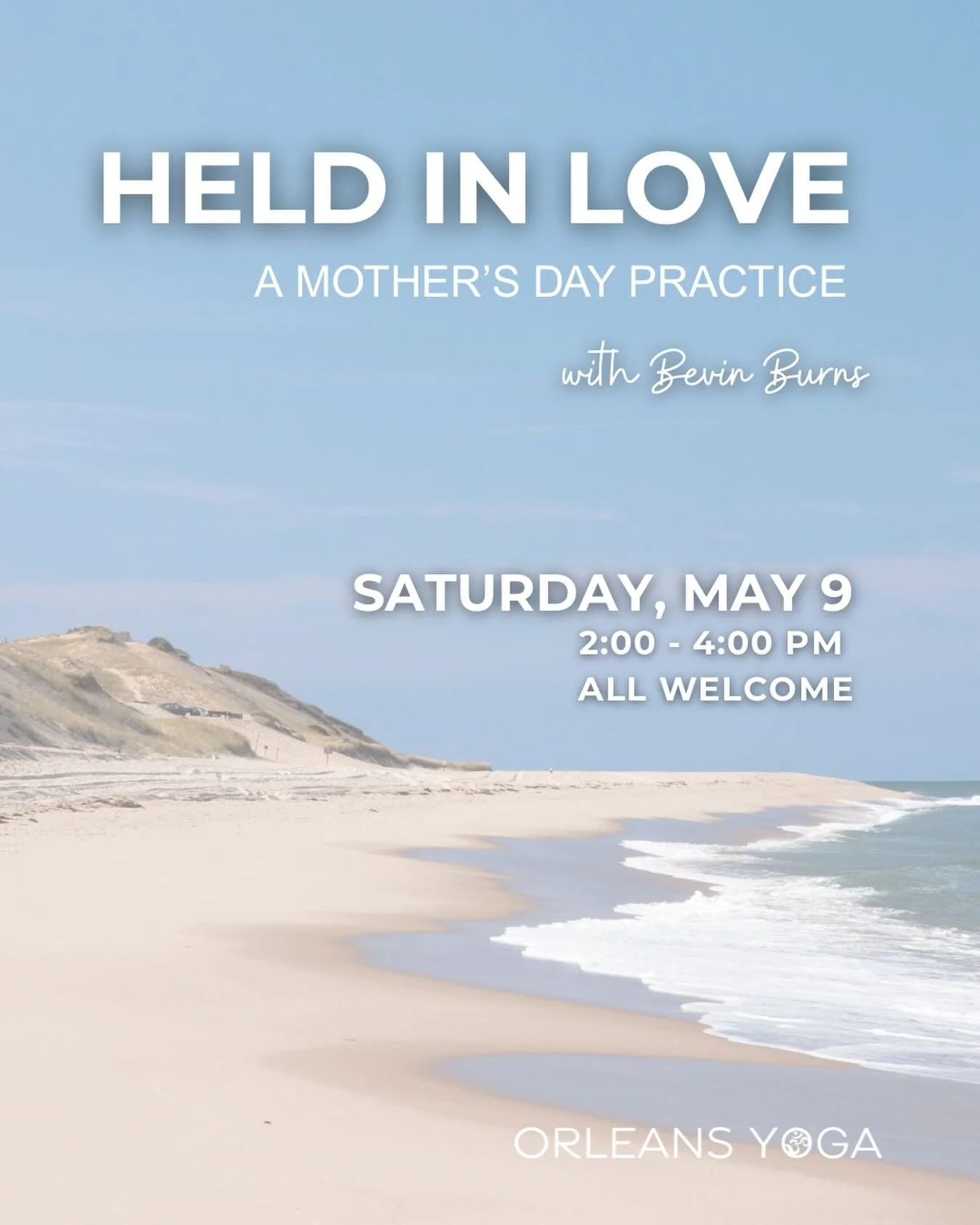 Held in Love: A Mother&rsquo;s Day Practice 
Saturday, May 9 | 2:00&ndash;4:00pm
$40

Mother&rsquo;s Day is one week away &mdash; join us for an early celebration 🤍

Join Bevin for a quiet afternoon of yin and restorative yoga &mdash; a chance to re