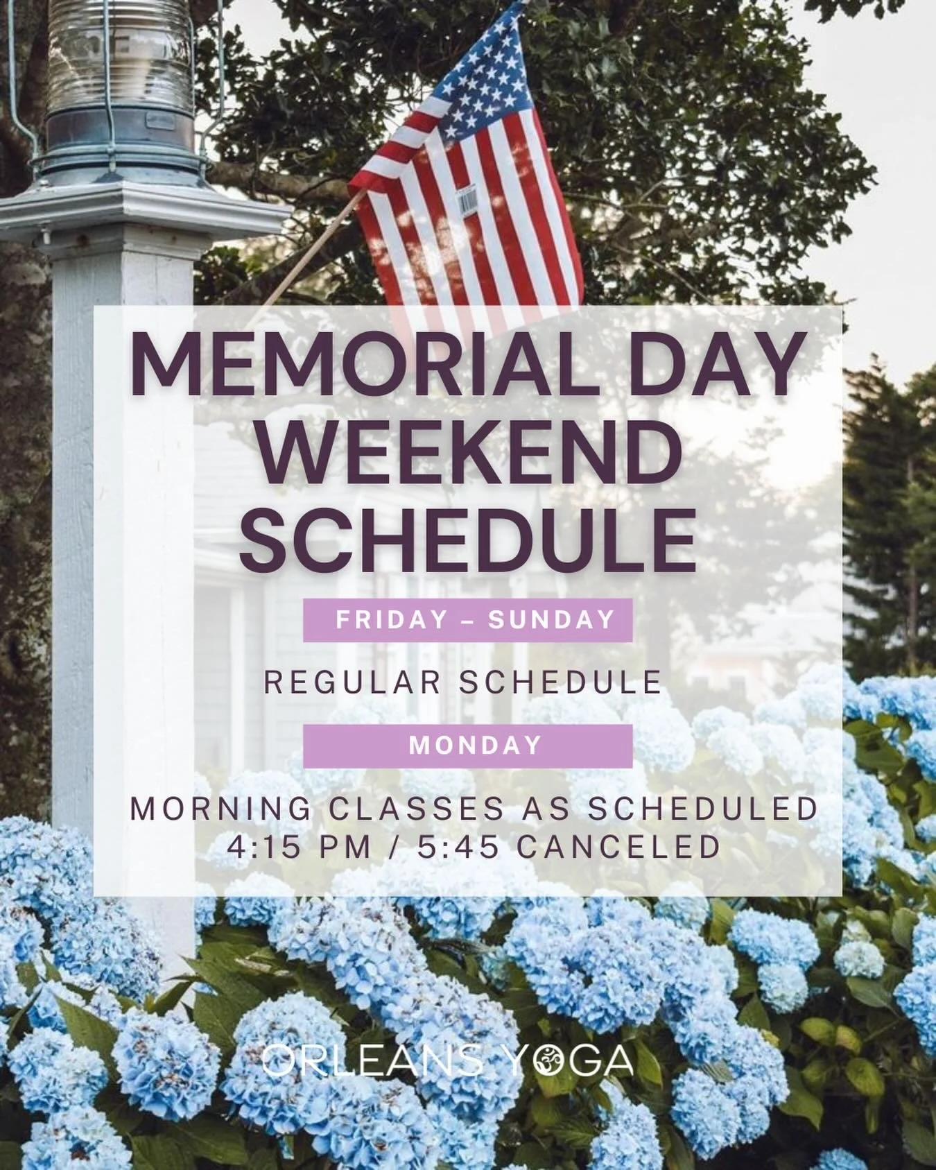 Memorial Day Weekend is here, and we&rsquo;re ready for summer on the Cape. ☀️

We&rsquo;ll be running our regular schedule Friday through Sunday, with morning classes as scheduled on Monday. Please note our 4:15 PM and 5:45 PM classes are canceled f