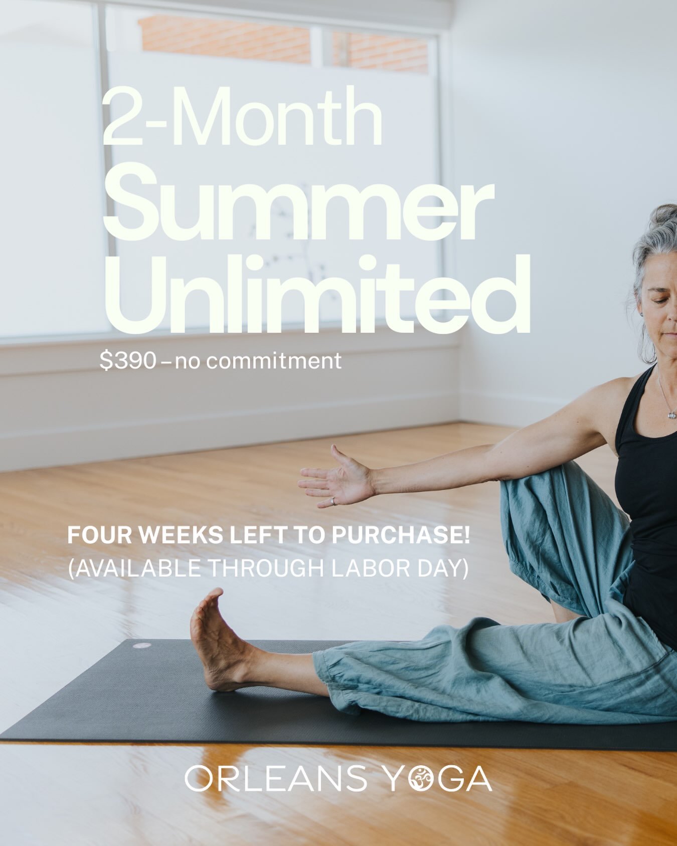 ☀️ Keep the summer energy flowing! ☀️

Our 2-Month Summer Unlimited is still here! 🎉 Available for purchase for the next four weeks, this special offer is open to both new and returning students.

Once purchased, enjoy unlimited classes for two whol