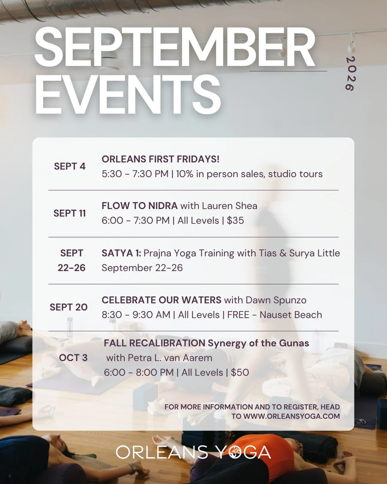 Here&rsquo;s a glance at what&rsquo;s happening around the studio this month ✨

September is full of workshops, community, and a full week of SATYA 1 with Tias &amp; Surya Little on the calendar.

Head to www.orleansyoga.com for all the details and t