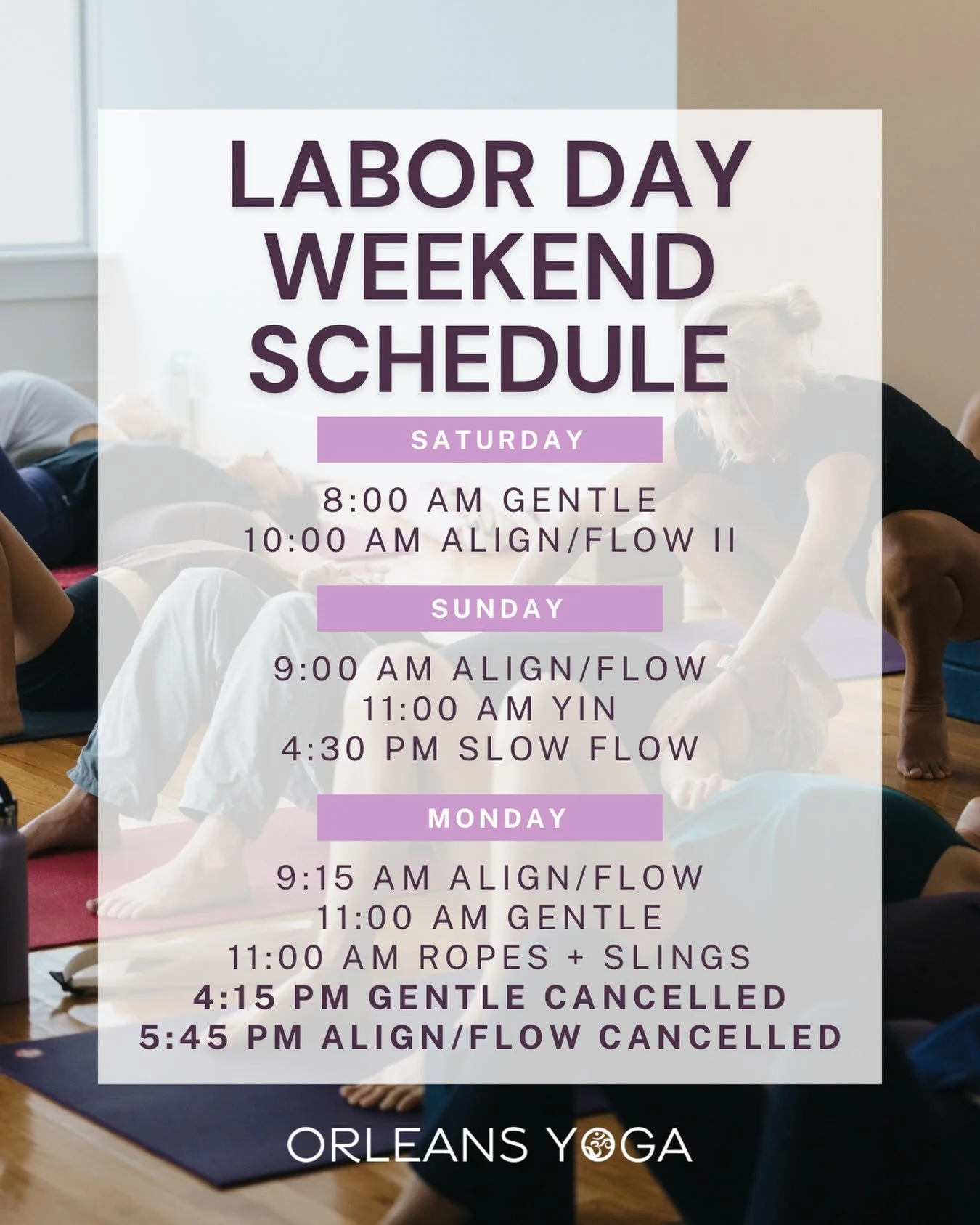 Happy Labor Day weekend! ☀️

We&rsquo;ve got a great lineup of classes to take you through the long weekend.

Our 2-Month Unlimited special is available through Monday, so if you&rsquo;ve been thinking about settling into a more regular fall practice
