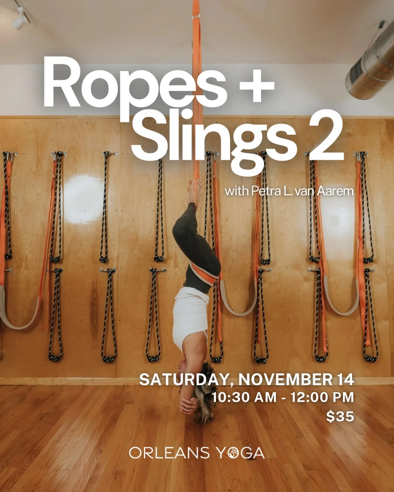 Ropes + Slings 2 with Petra L. van Aarem
Saturday, November 14 | 10:30 AM&ndash;12:00 PM

Practice yoga postures using the resistance and assistance of the wall ropes and slings to invite length, strength, traction, and profound alignment awareness.
