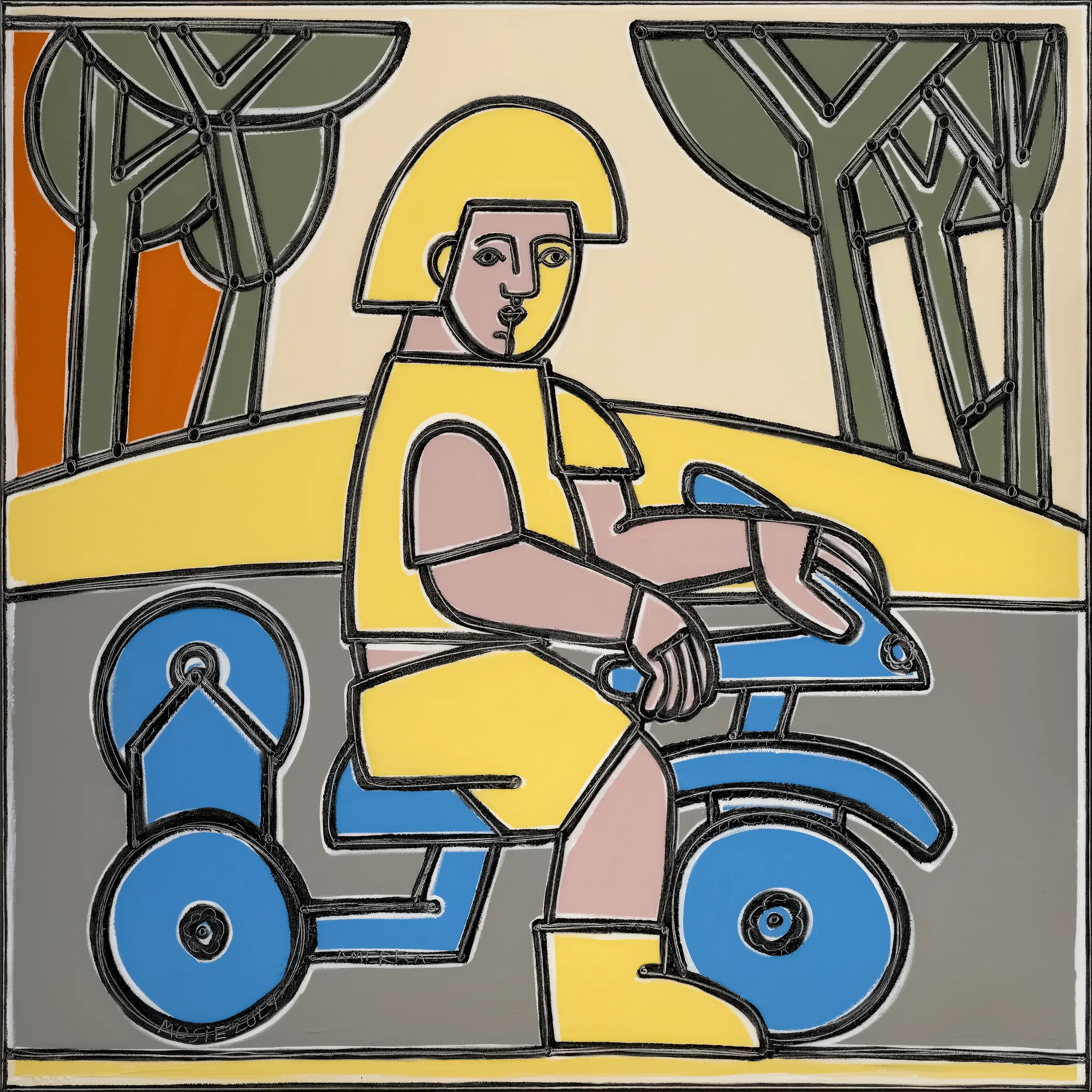 Contemporary figurative painting by Colombian-American artist America Martin. Child on a blue bike in yellow, rendered with bold contour lines. Oil and acrylic on canvas, 48x48, 2024.