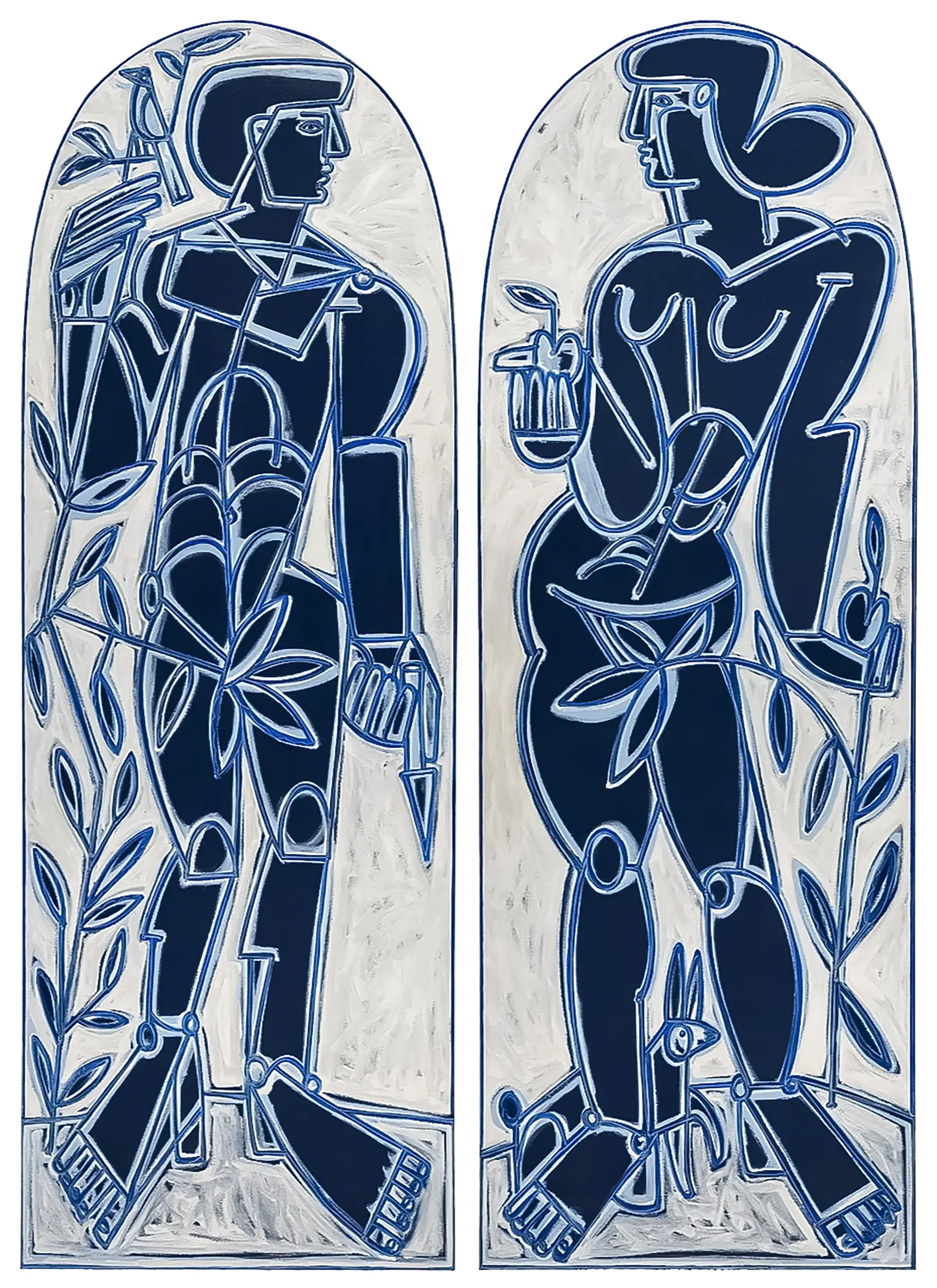 America Martin, "Adam and Eve in Blue and White" diptych — contemporary figurative portrait painting. Arched panels with bold contour lines, human form, flora, and animal motifs in deep navy and white.