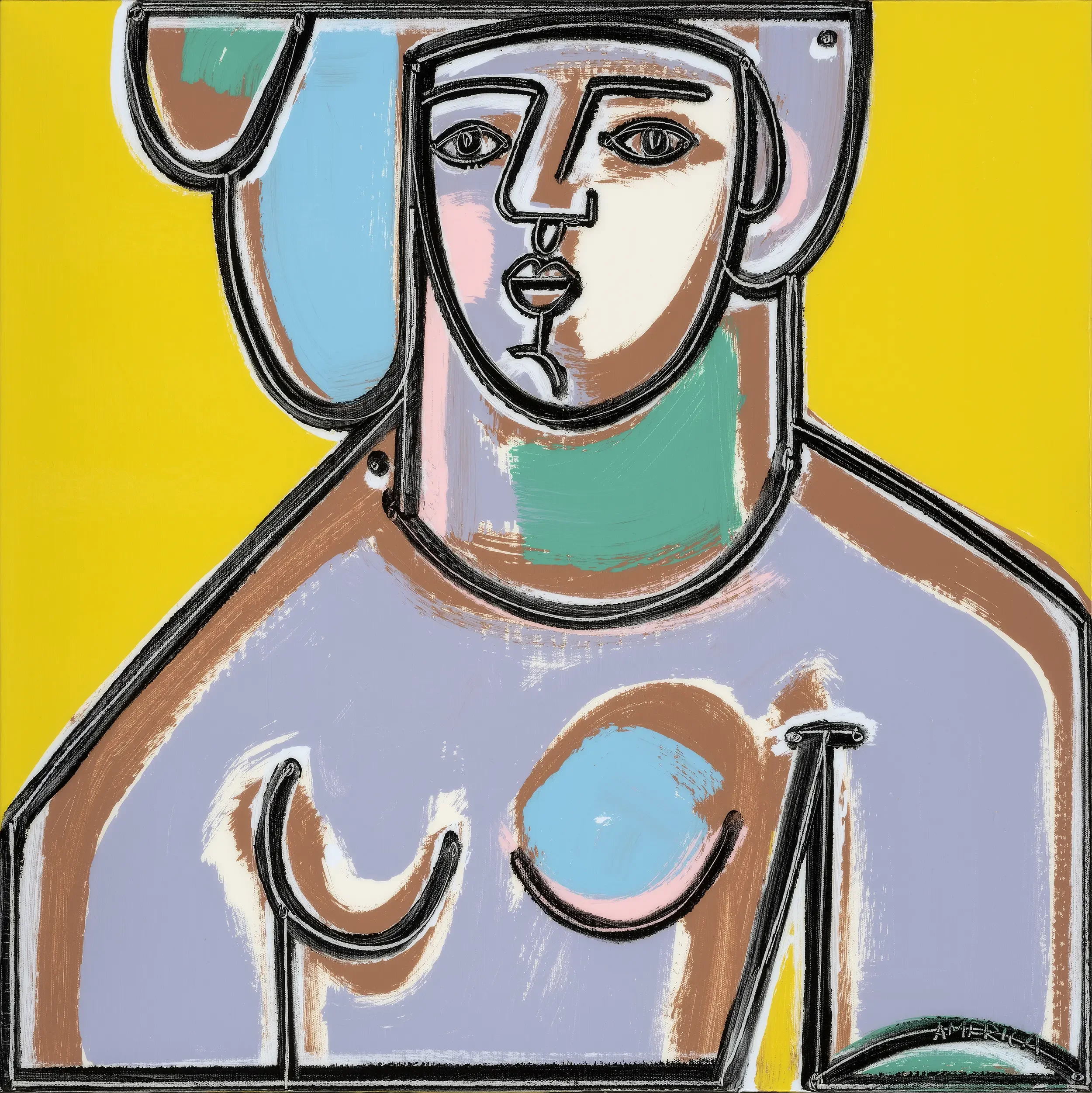 "Woman in Yellow" by America Martin, Colombian-American artist. Contemporary figurative portrait with bold line work, sophisticated palette of yellow, lavender, and teal. Abstract female form, oil and acrylic, 24x24.