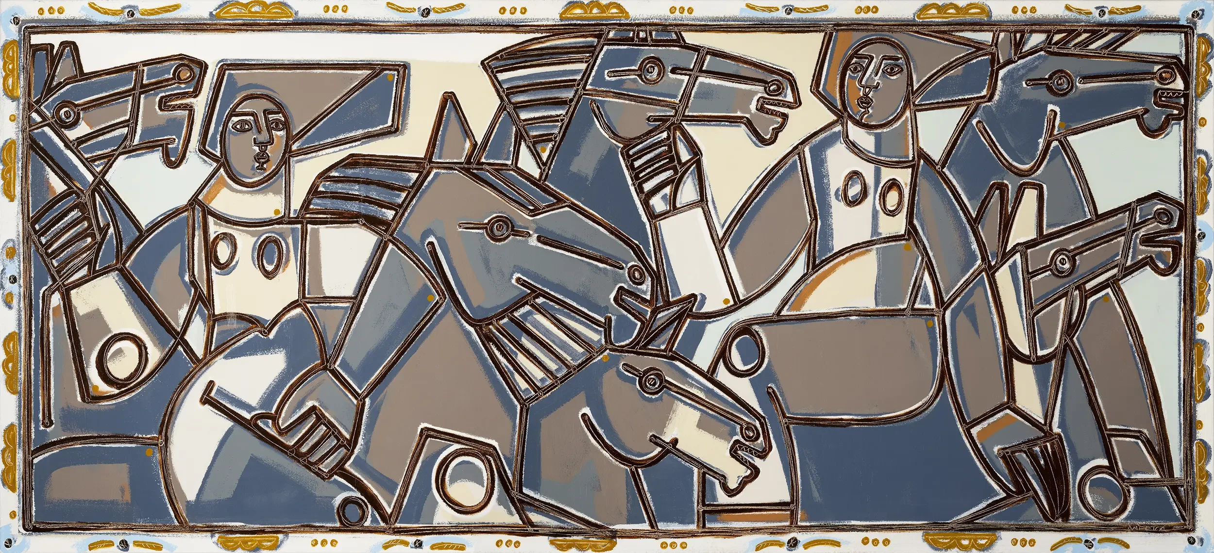 Gather the Horses Before the Storm by America Martin. Figures wrestle rearing horses in a compressed composition. Bold contour lines, indigenous motifs, blue and earth palette. Contemporary figurative painting.
